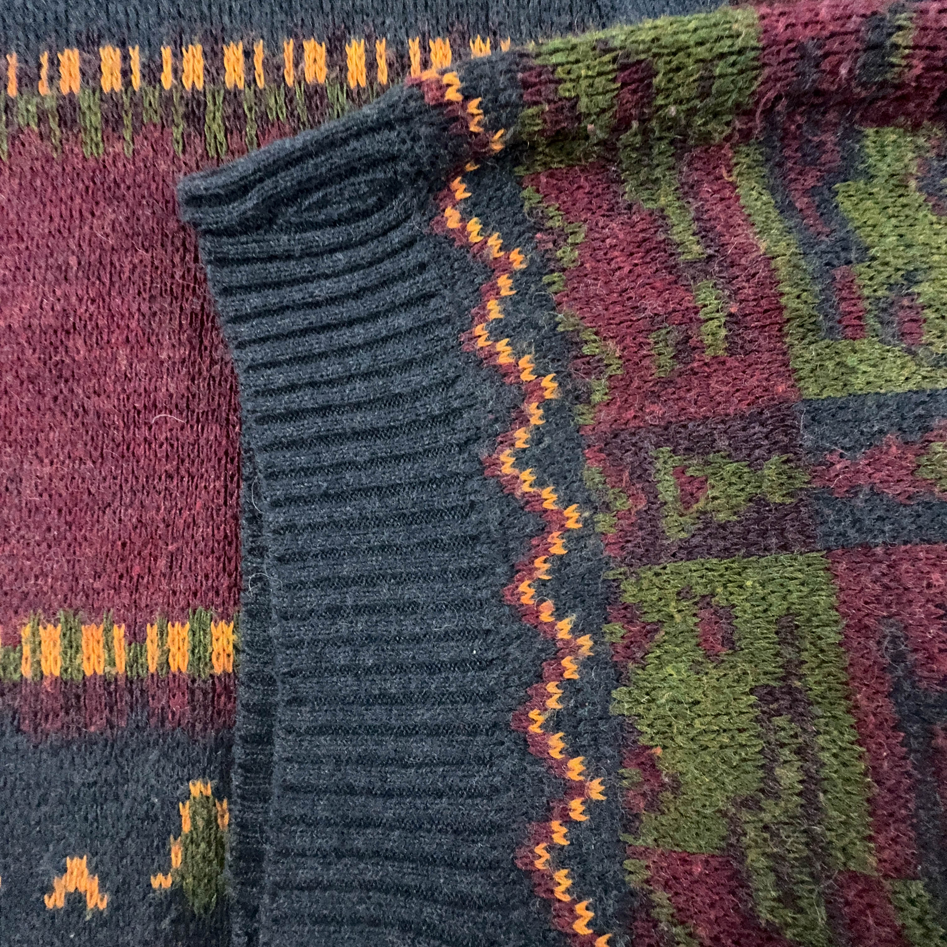 Vintage Cardigan Wool Blend Burgundy Geometric Pattern with Buttons - Size L/XL Men