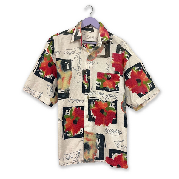 Vintage White and Red Floral Print Short Sleeve Shirt - Men's Size M/L