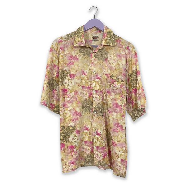 Vintage Short Sleeve Floral Multi-Color Print Shirt - Men's Size L