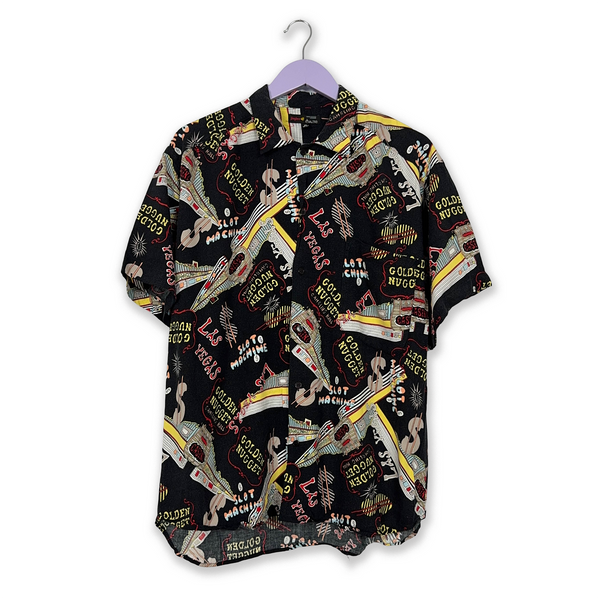 Vintage Black Multi-Color Patterned Short-Sleeve Shirt - Men's Size M/L