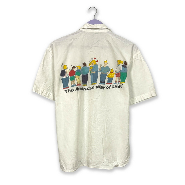 White Vintage Shirt with Short Sleeves and Prints - Men's Size M