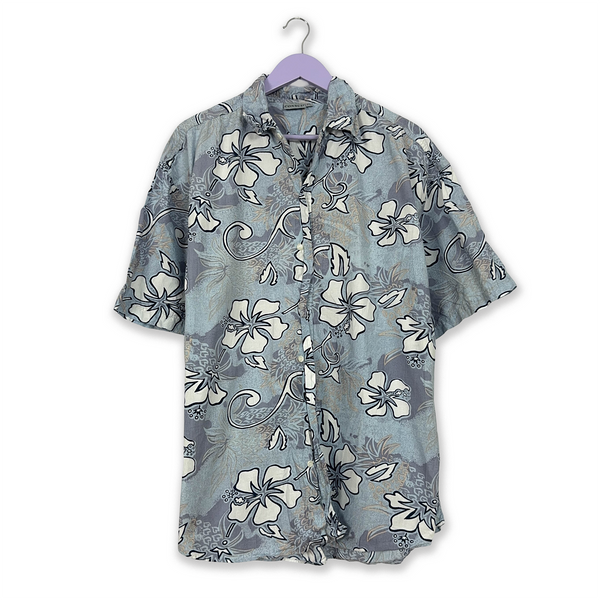 Vintage Blue Floral Print Short-Sleeve Shirt - Men's Size XXL