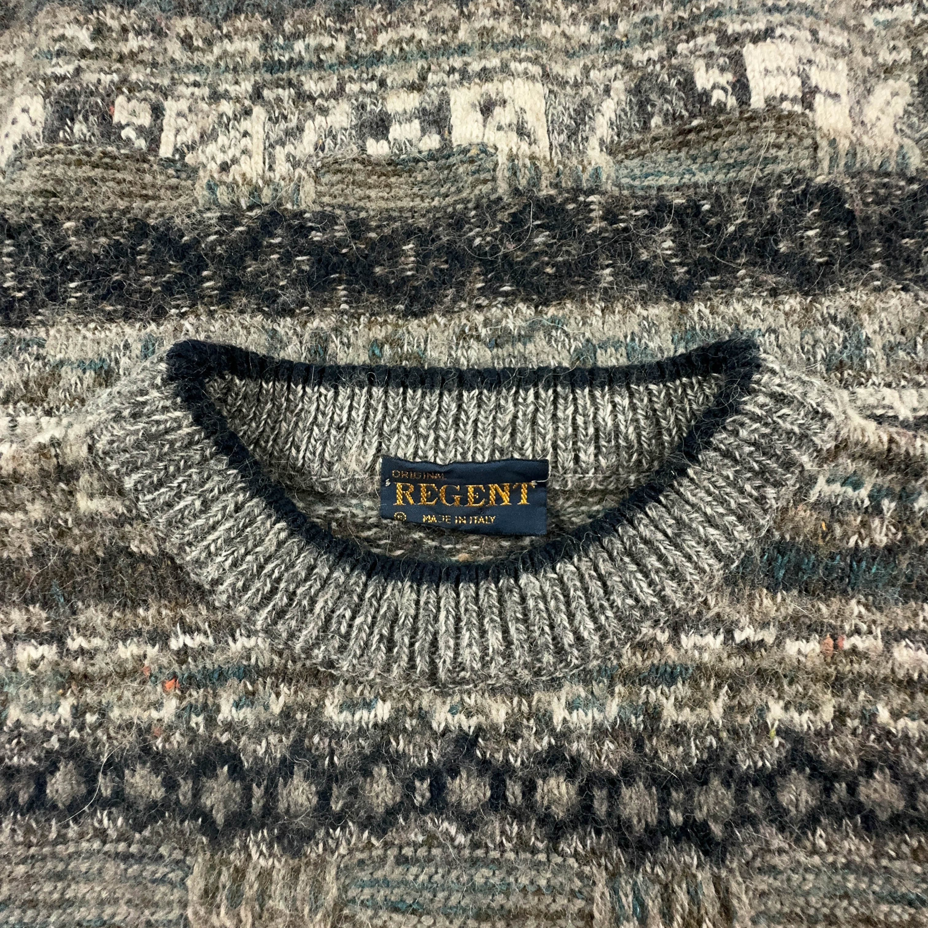 Vintage 55% wool Made in Italy sweater, grey with patterned stripes - Size L/XL men