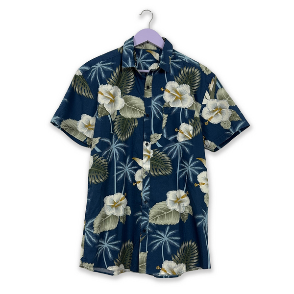 Vintage blue and white floral print short-sleeved shirt - Size L 42 men