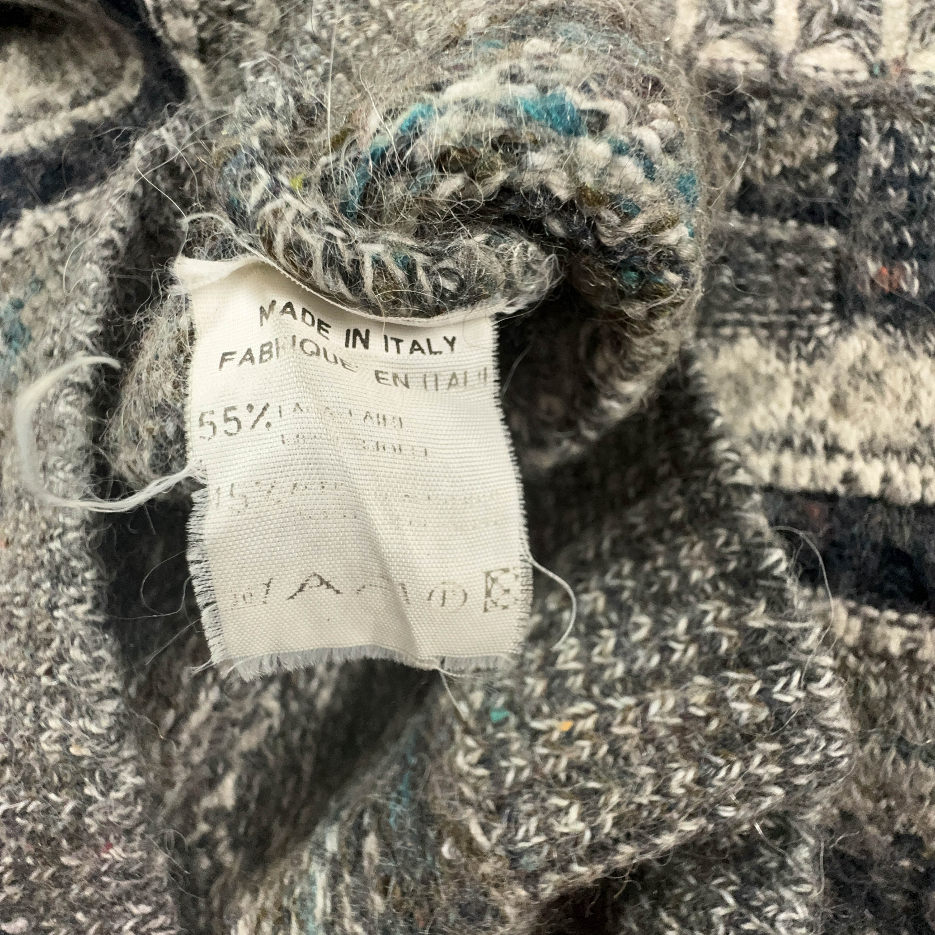 Vintage 55% wool Made in Italy sweater, grey with patterned stripes - Size L/XL men