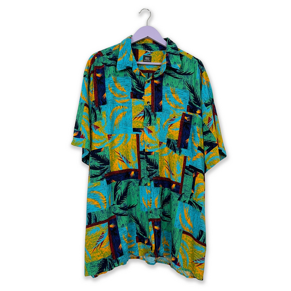 Vintage Hawaiian Shirt with Blue and Yellow Hawaiian Print, Short Sleeves - Size XXL Men