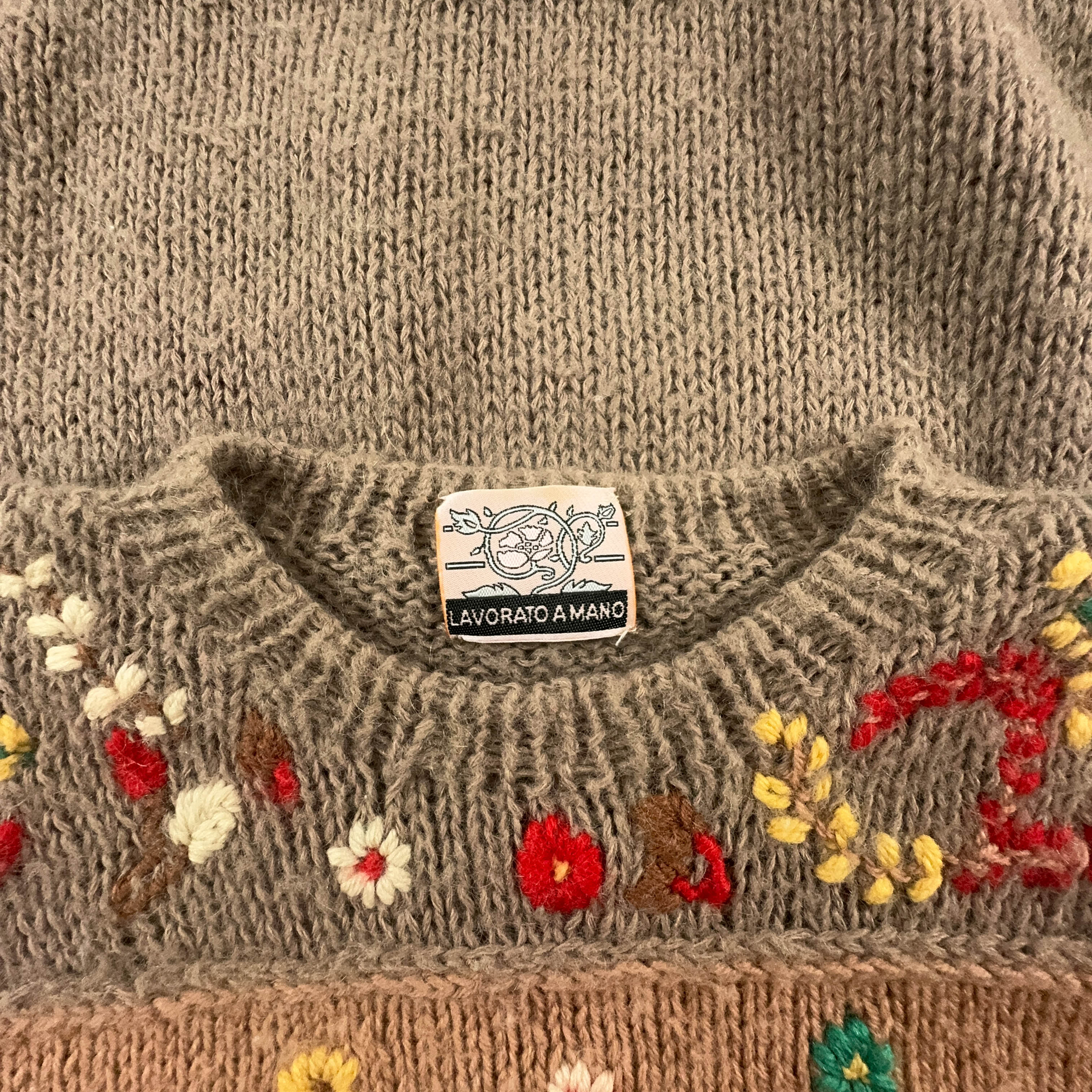 Vintage Handmade 100% Wool Brown Striped Crewneck Sweater with Embroidery - Size L Women