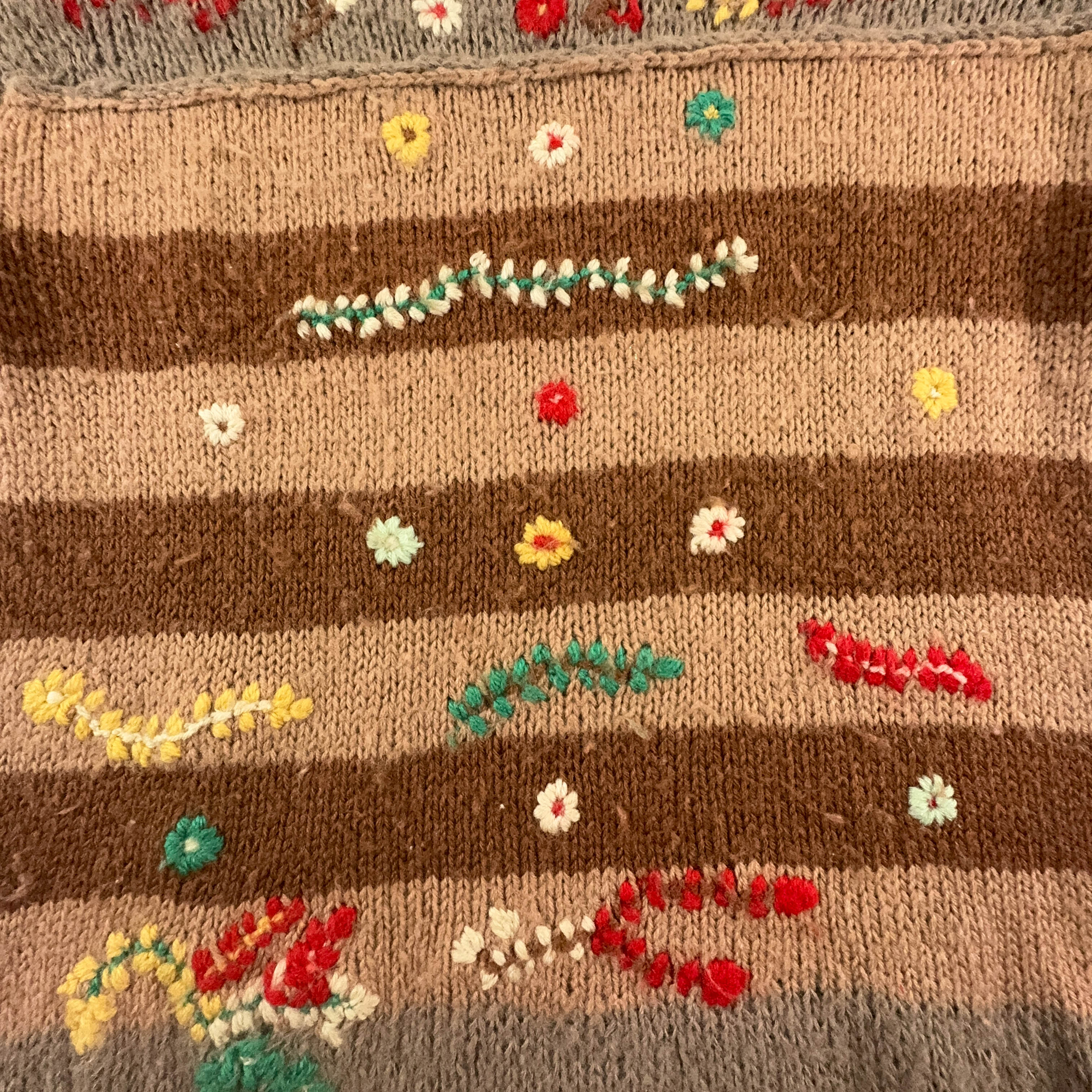 Vintage Handmade 100% Wool Brown Striped Crewneck Sweater with Embroidery - Size L Women