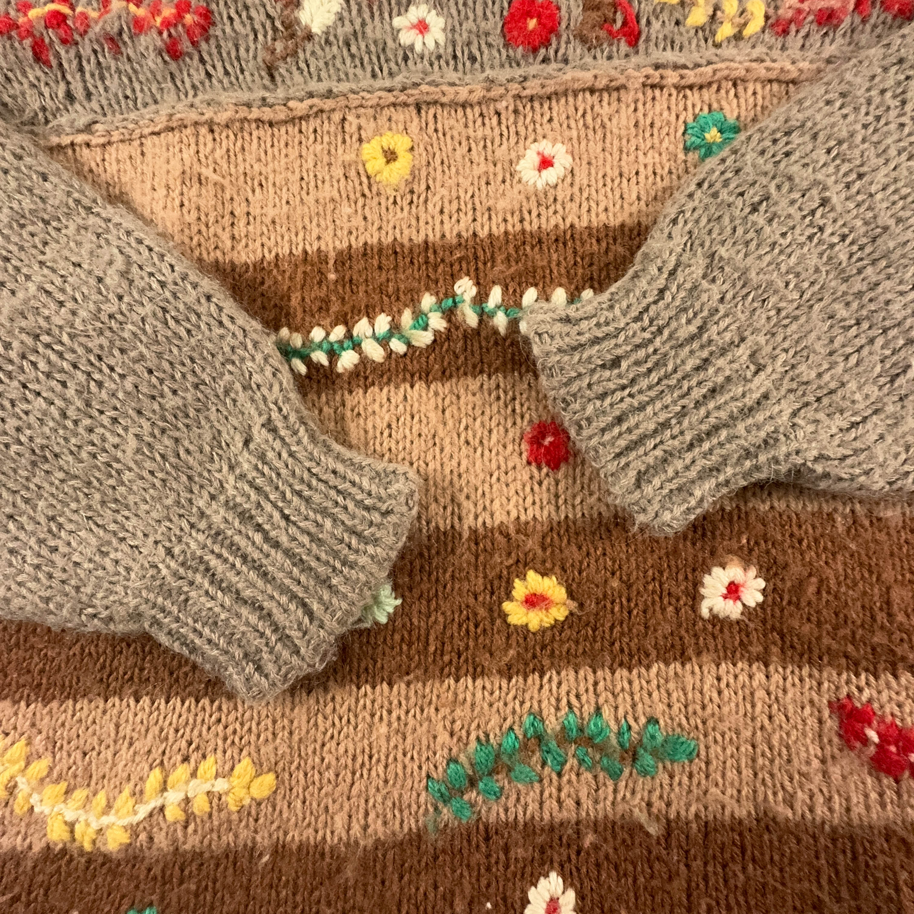 Vintage Handmade 100% Wool Brown Striped Crewneck Sweater with Embroidery - Size L Women