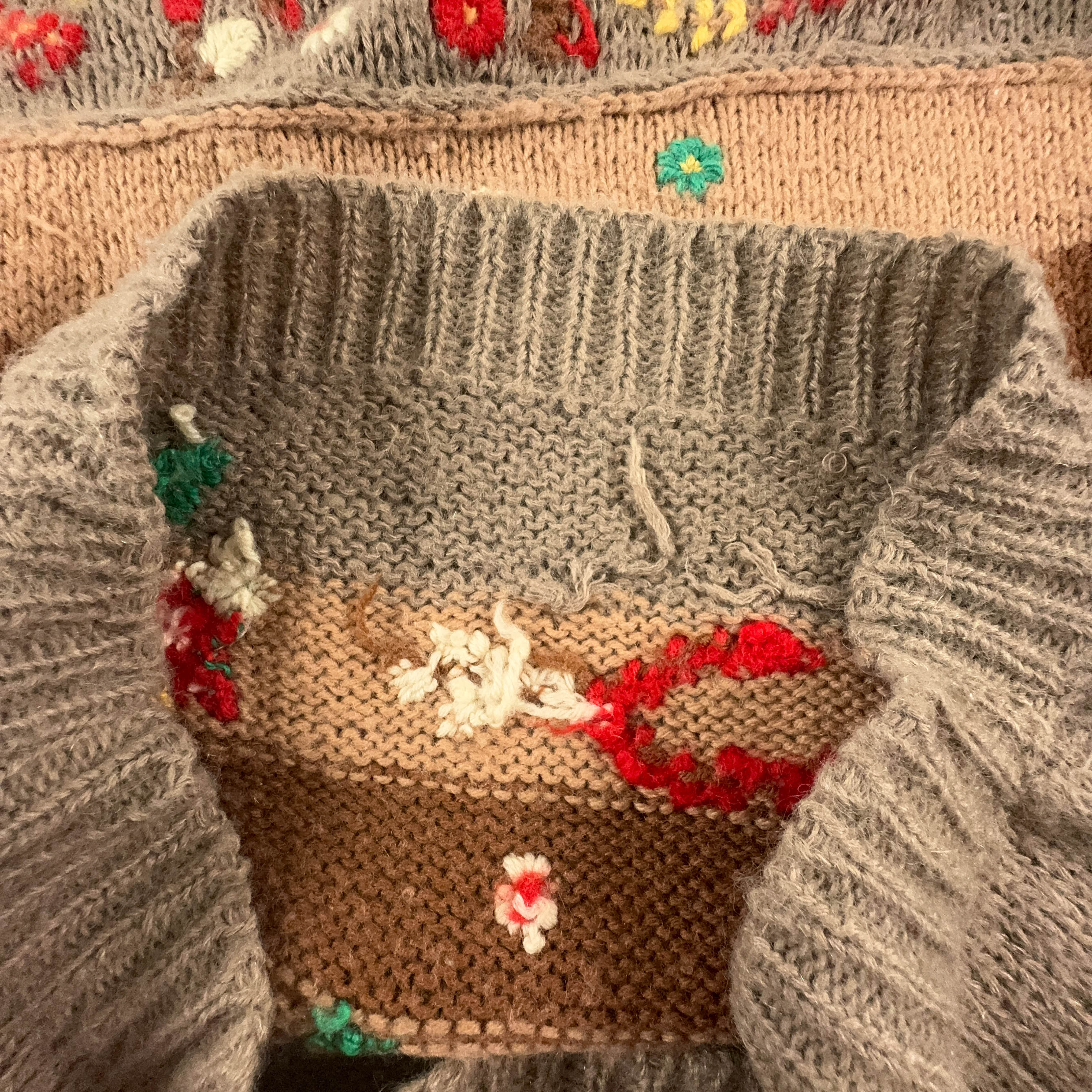 Vintage Handmade 100% Wool Brown Striped Crewneck Sweater with Embroidery - Size L Women