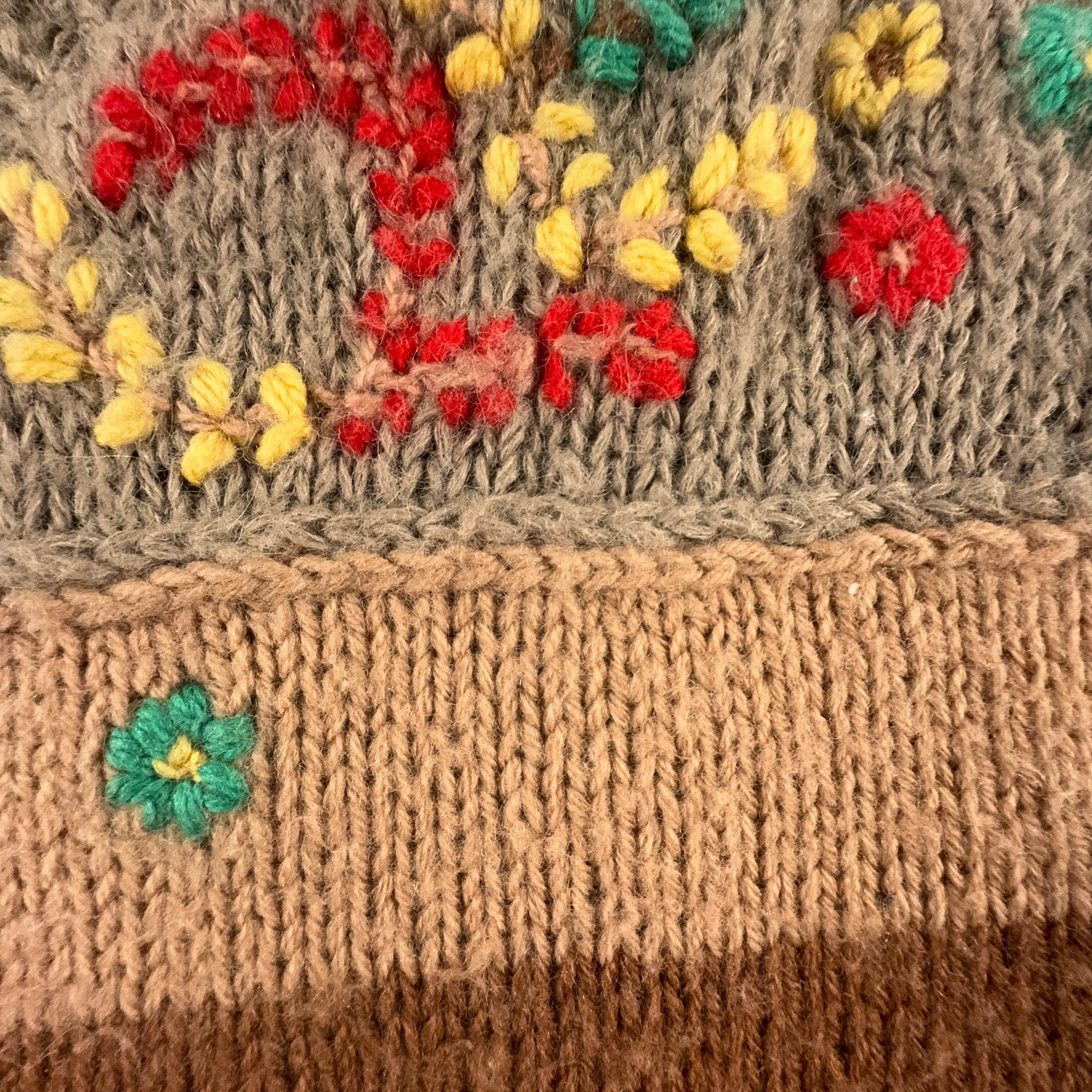 Vintage Handmade 100% Wool Brown Striped Crewneck Sweater with Embroidery - Size L Women