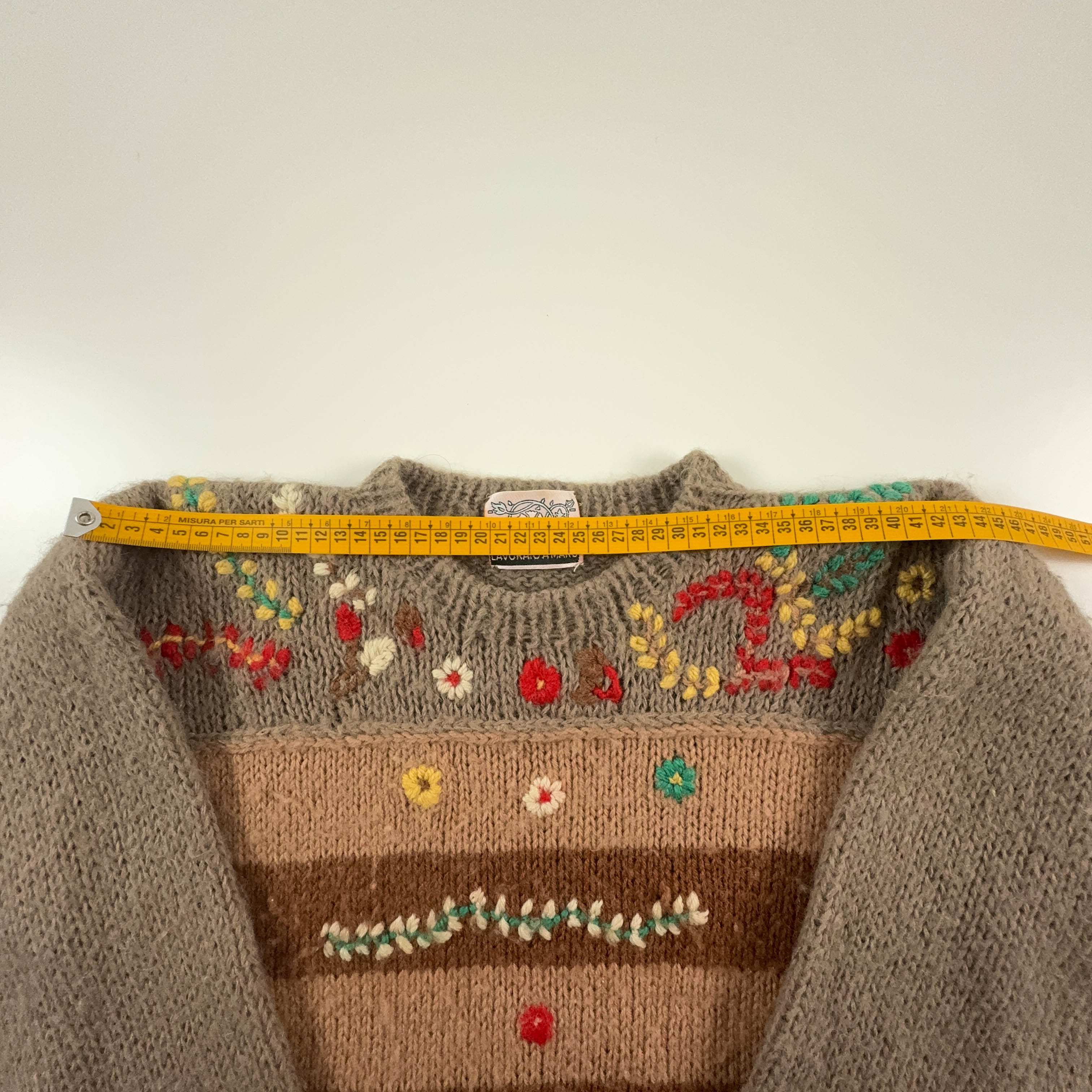 Vintage Handmade 100% Wool Brown Striped Crewneck Sweater with Embroidery - Size L Women