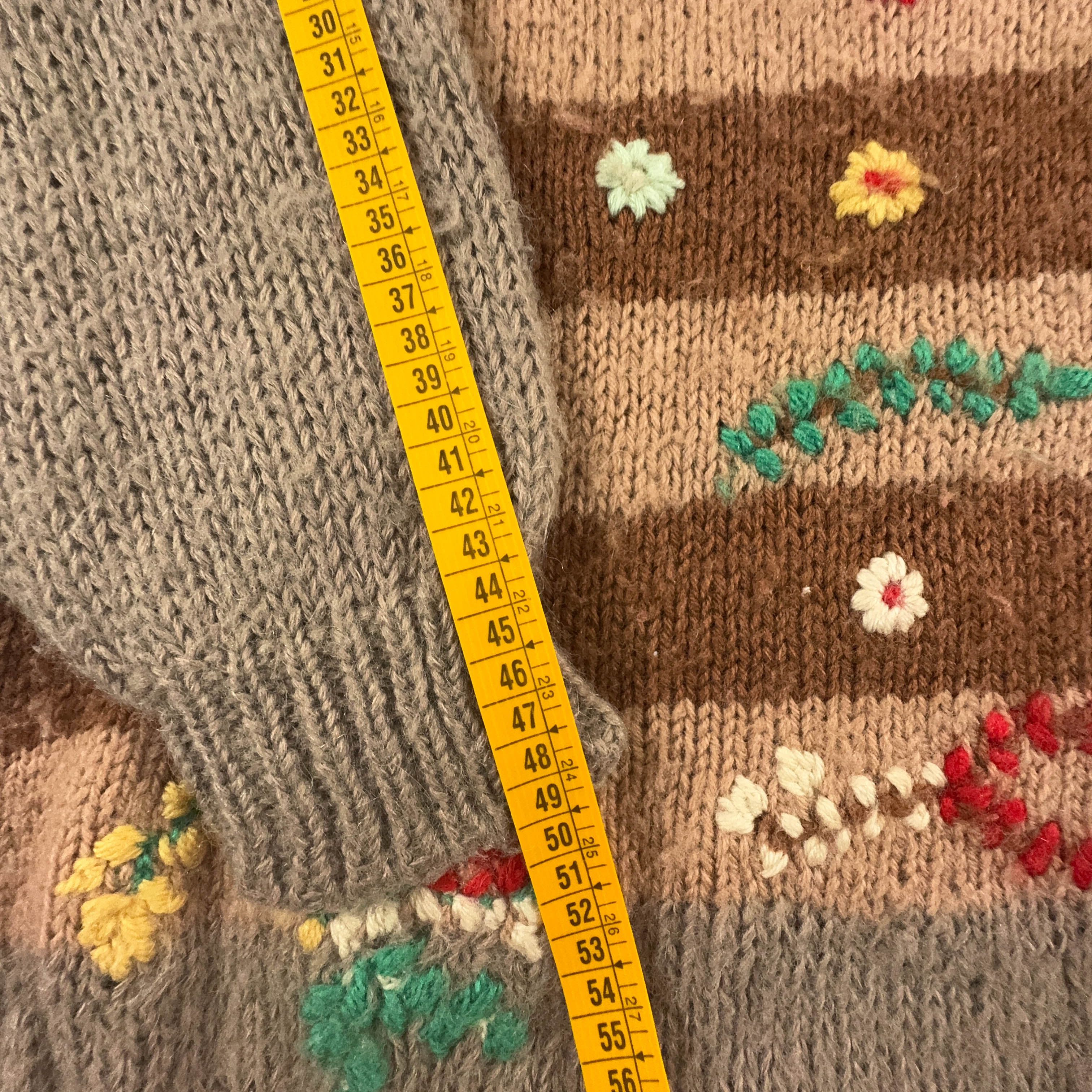 Vintage Handmade 100% Wool Brown Striped Crewneck Sweater with Embroidery - Size L Women