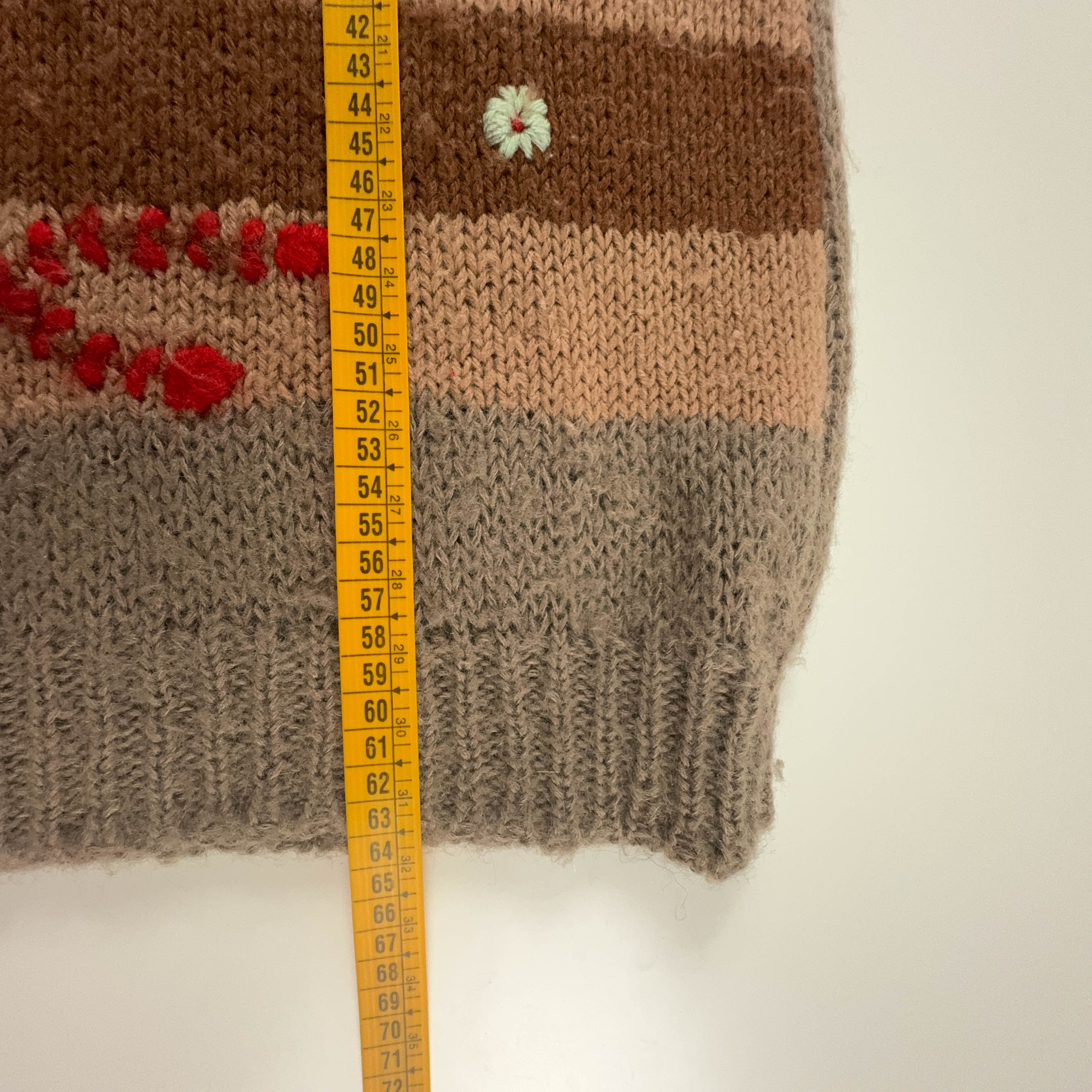 Vintage Handmade 100% Wool Brown Striped Crewneck Sweater with Embroidery - Size L Women