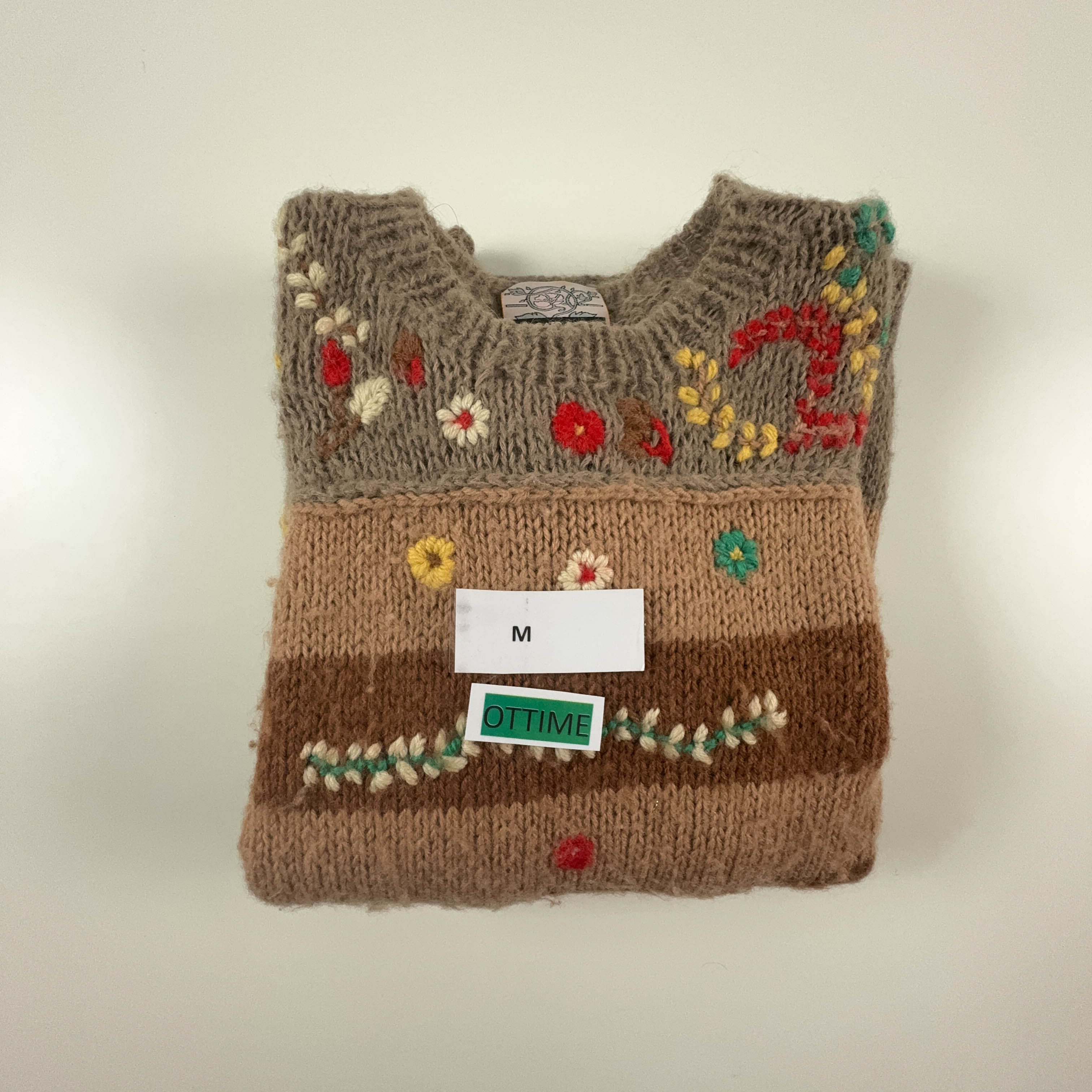 Vintage Handmade 100% Wool Brown Striped Crewneck Sweater with Embroidery - Size L Women