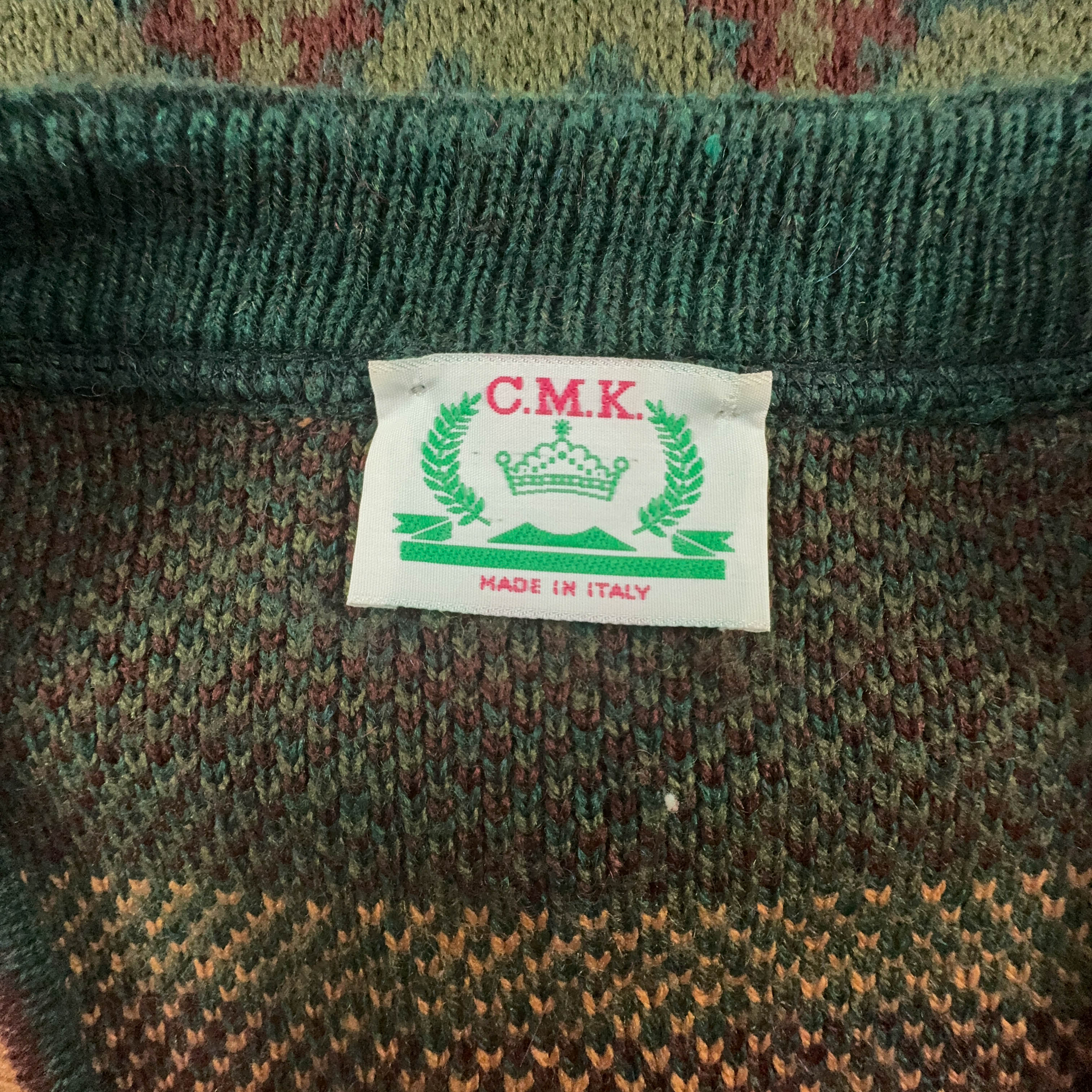 Vintage Green and Orange Geometric Pattern Button Up Cardigan - Size L/XL Men