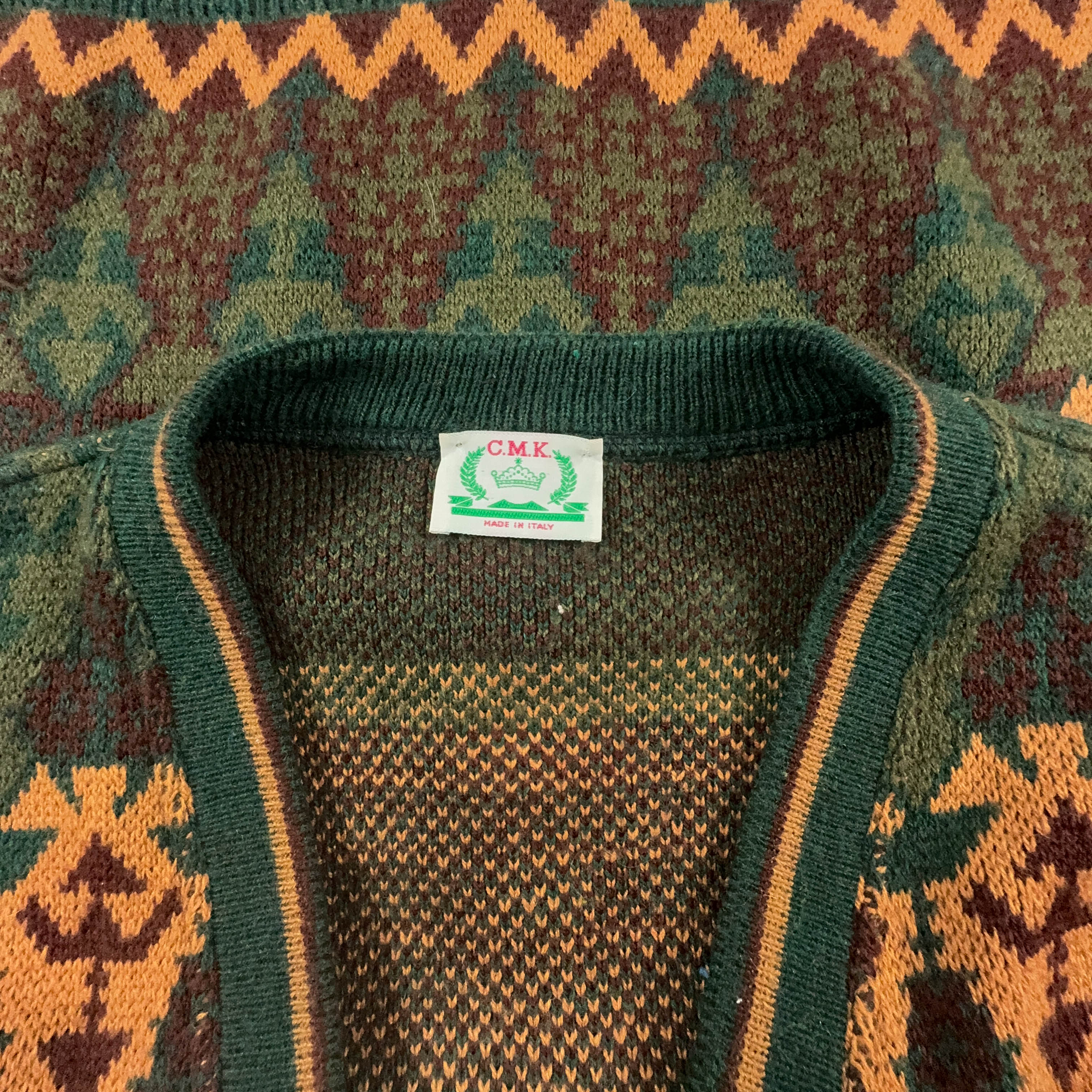 Vintage Green and Orange Geometric Pattern Button Up Cardigan - Size L/XL Men