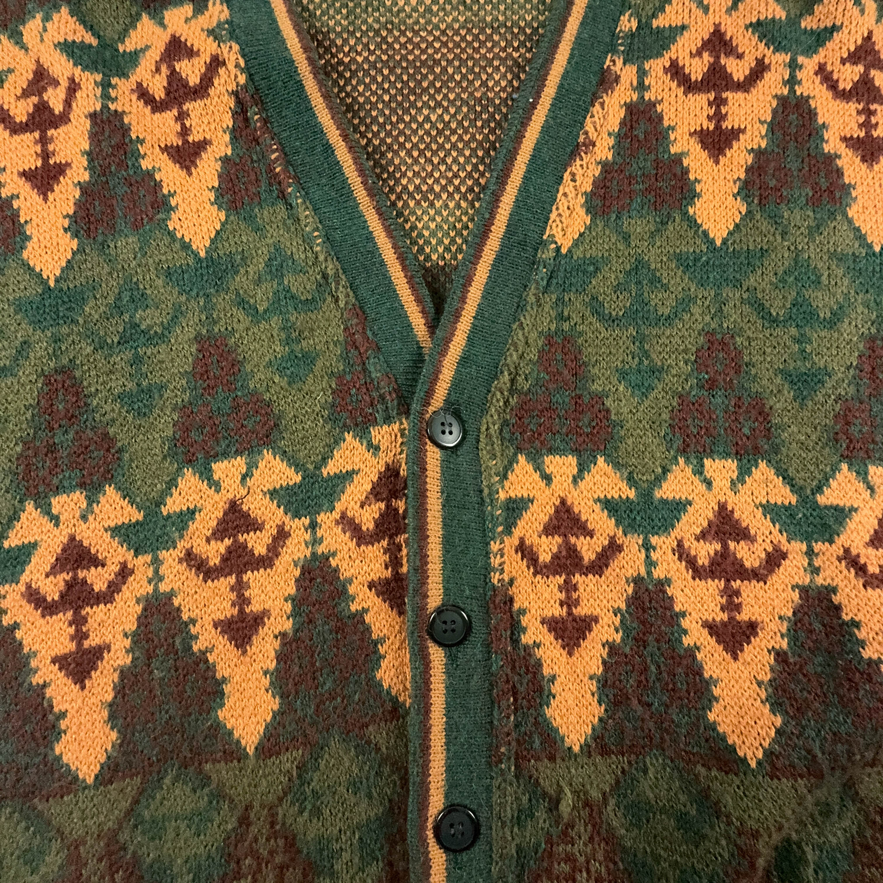 Vintage Green and Orange Geometric Pattern Button Up Cardigan - Size L/XL Men