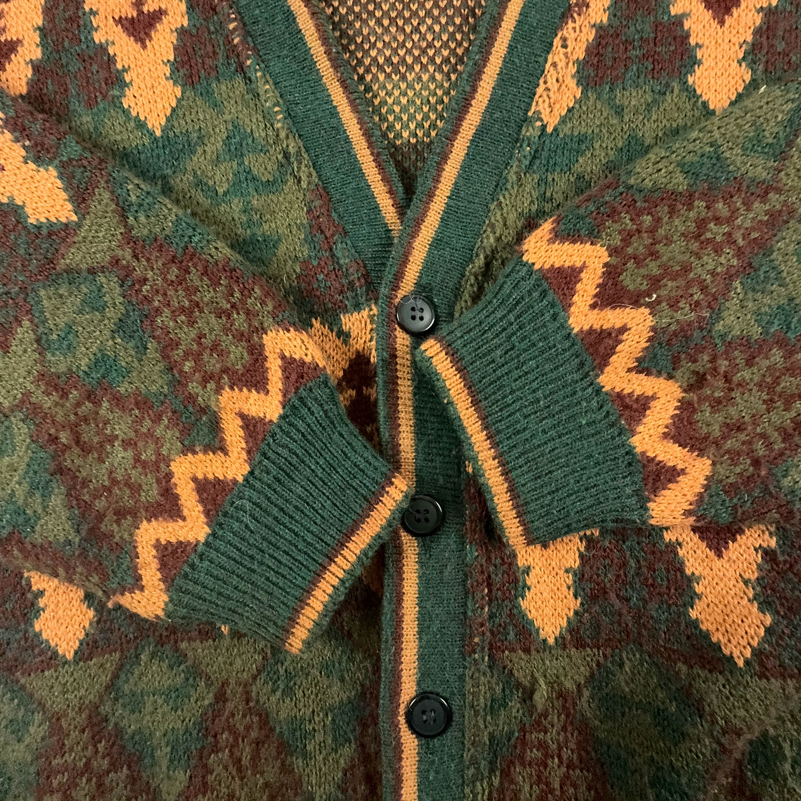 Vintage Green and Orange Geometric Pattern Button Up Cardigan - Size L/XL Men