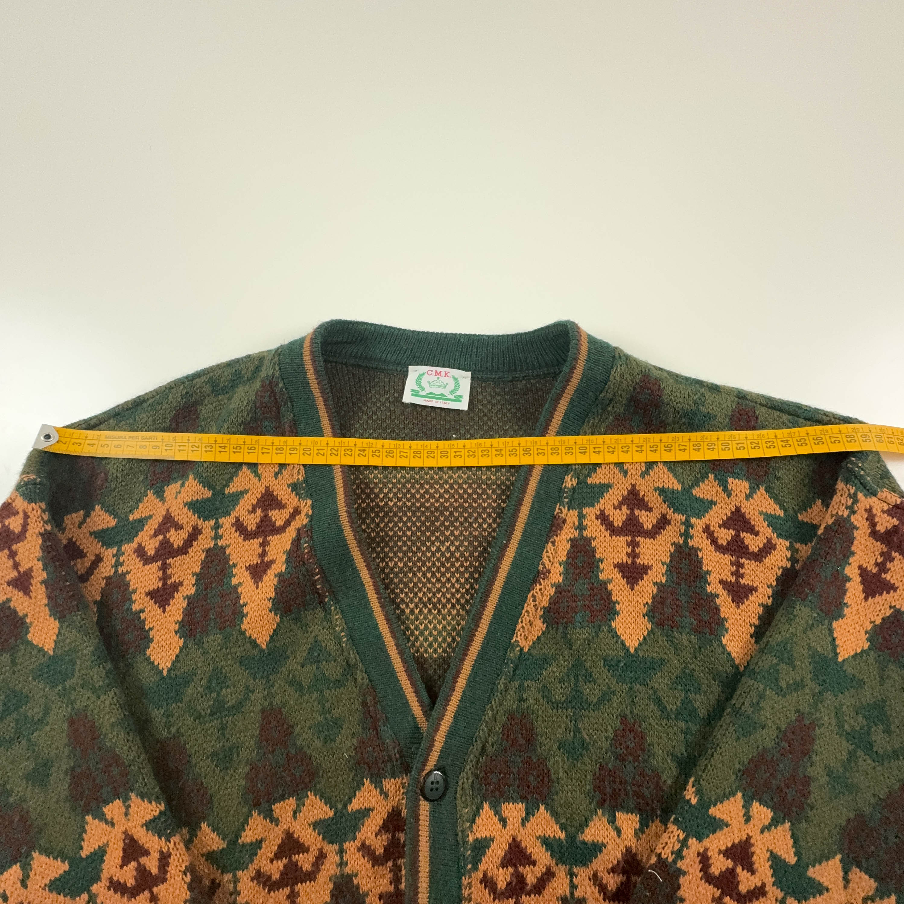 Vintage Green and Orange Geometric Pattern Button Up Cardigan - Size L/XL Men