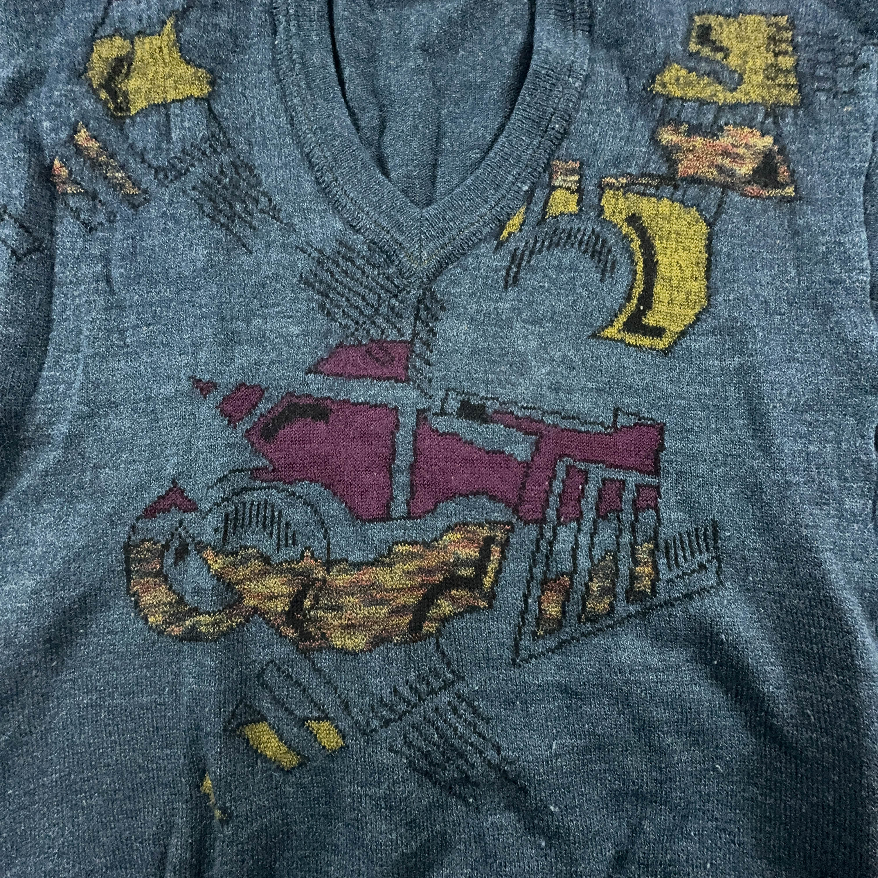 Vintage Blue V-Neck Design Sweater - Size 48 Men