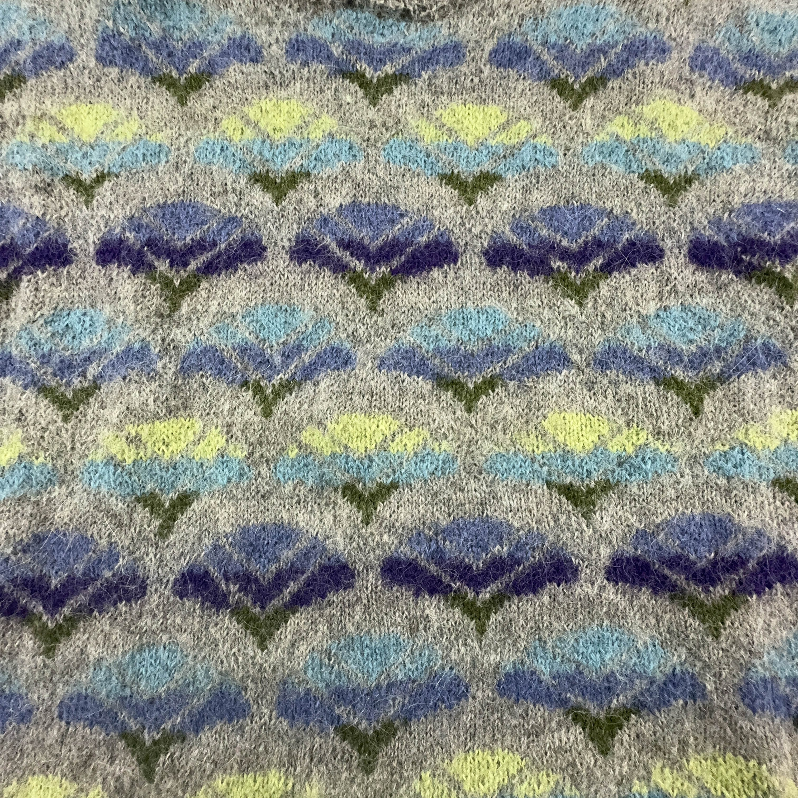 Vintage Grey and Blue Patterned Crew Neck Sweater 100% Wool - Size M/L Women