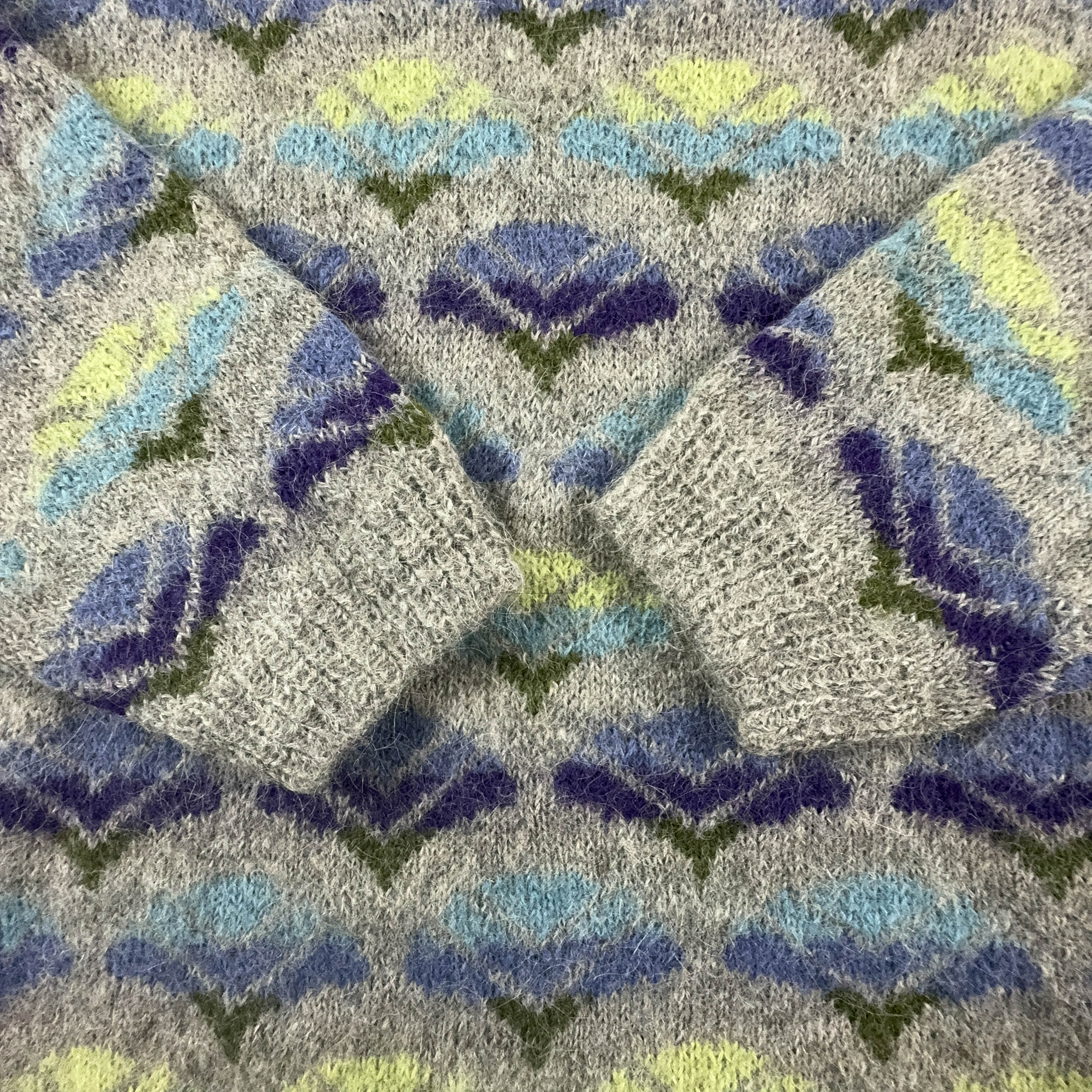 Vintage Grey and Blue Patterned Crew Neck Sweater 100% Wool - Size M/L Women