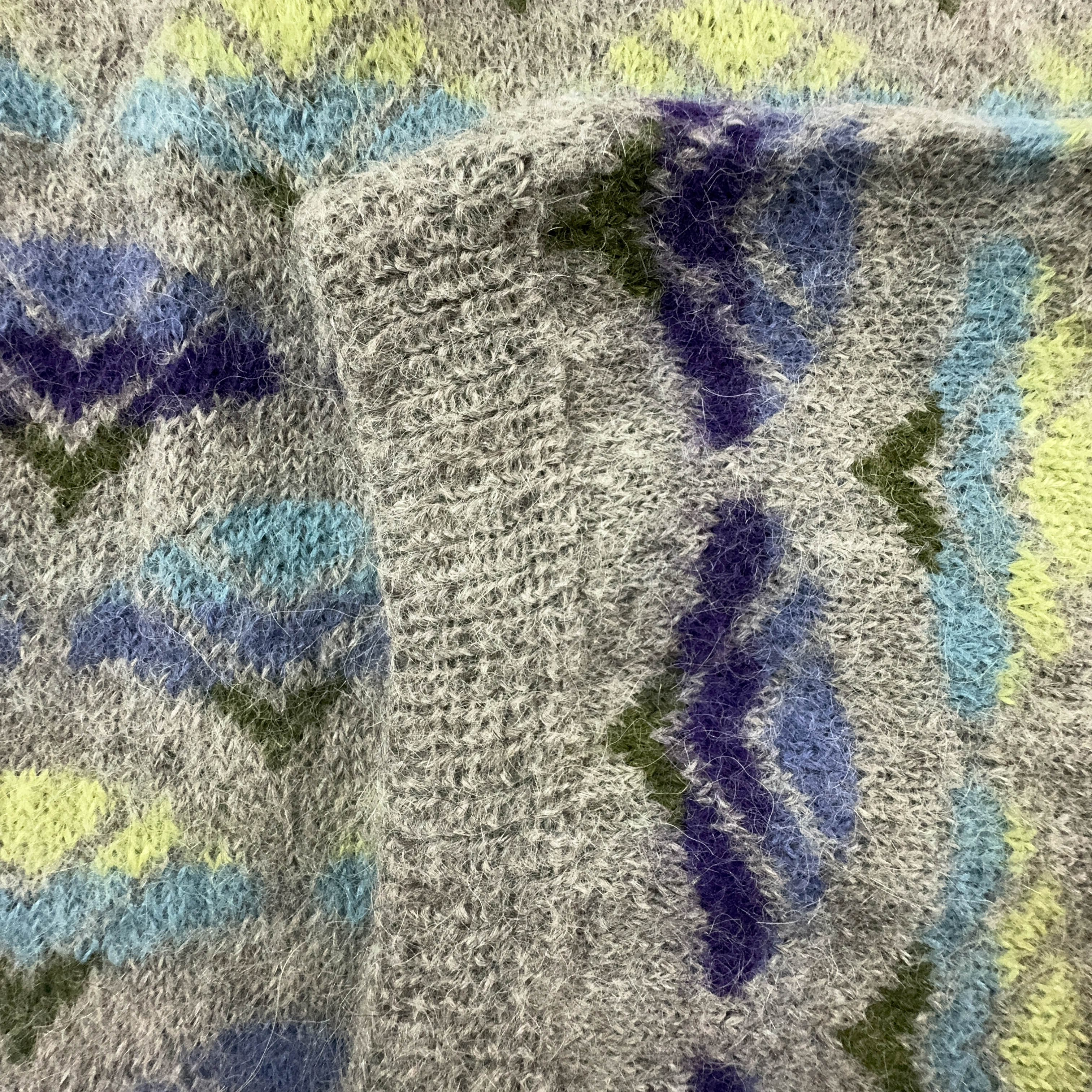 Vintage Grey and Blue Patterned Crew Neck Sweater 100% Wool - Size M/L Women