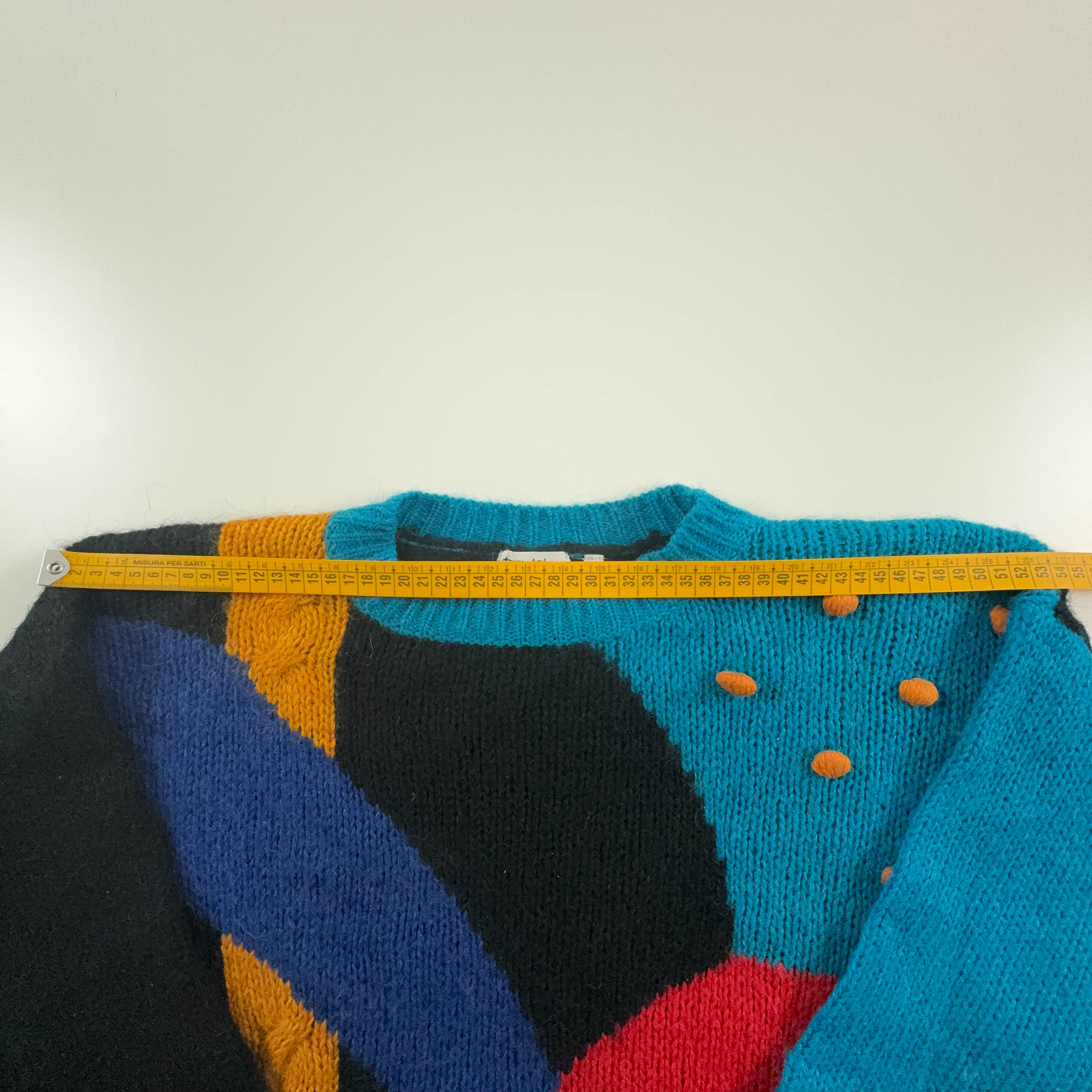 Vintage 70% wool black and light blue geometric crew neck sweater - Size 36 women