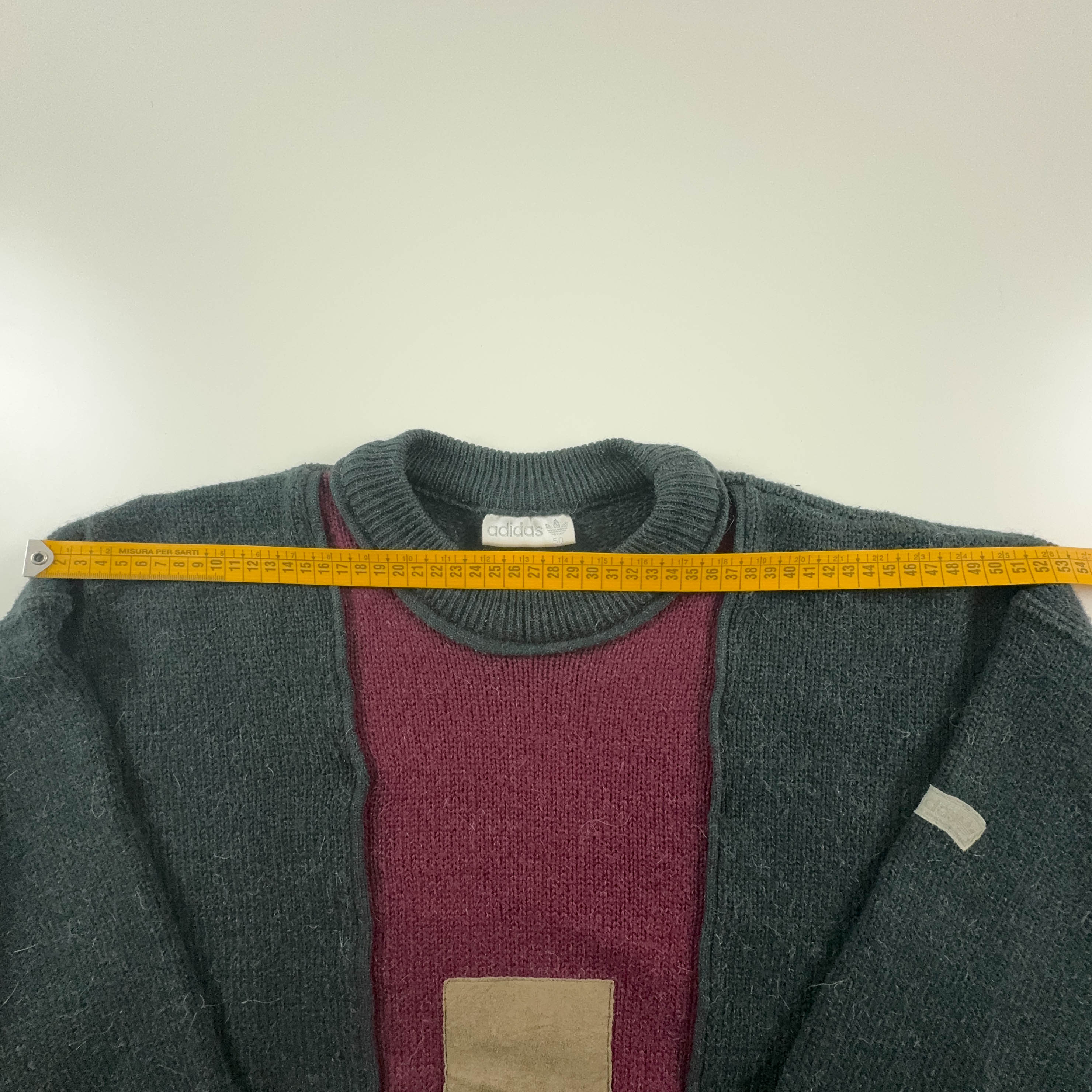 Adidas Vintage 50% Wool & Alpaca Grey & Red Patchwork 90s Sweater - Size 50 Men