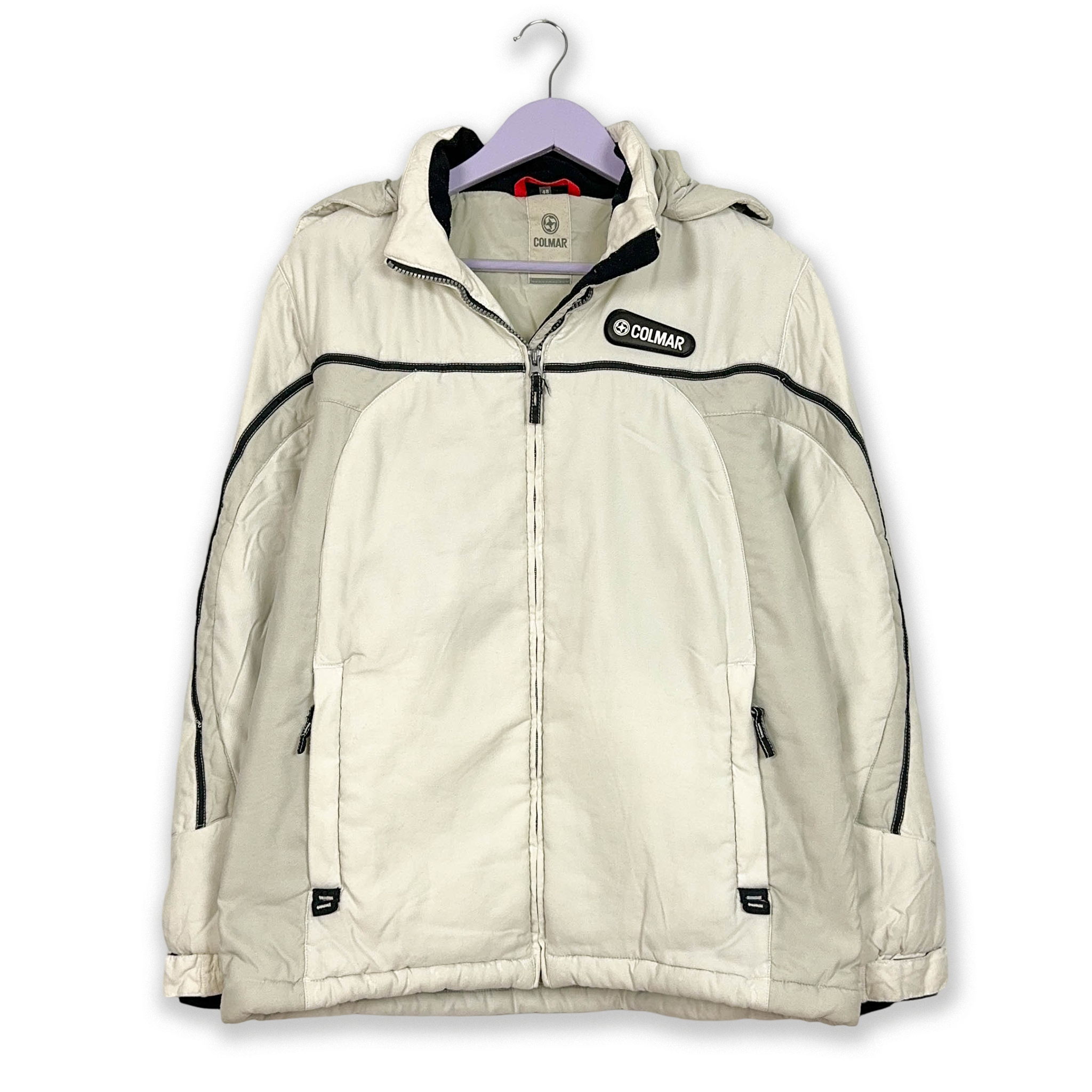 Giacca da Sci/Snowboard Colmar Vintage bianca e grigia con zip e cappuccio - Taglia 48 uomo