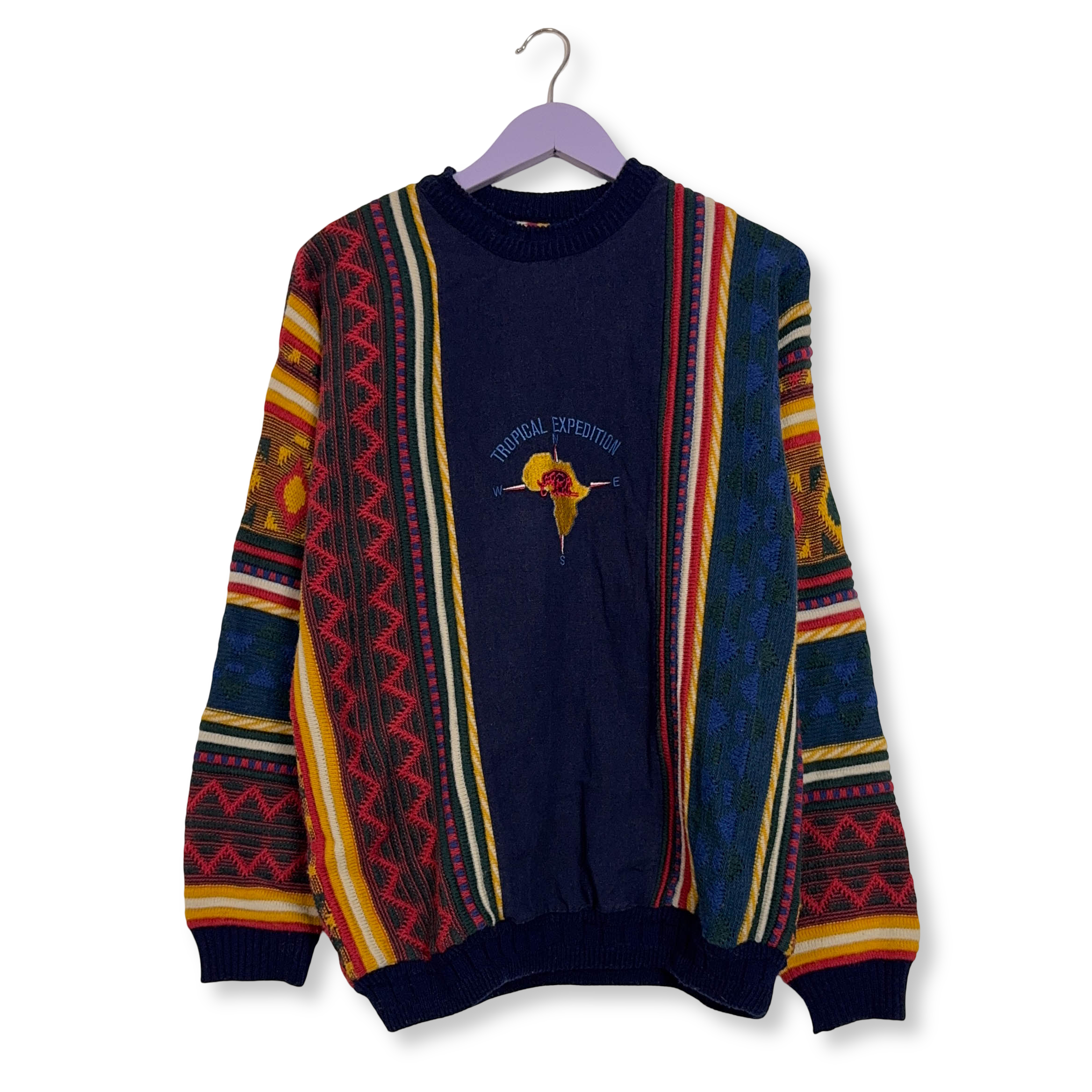 Maglione Vintage blu fantasia multicolore 30% lana anni 80 90 - Taglia 48/50 uomo