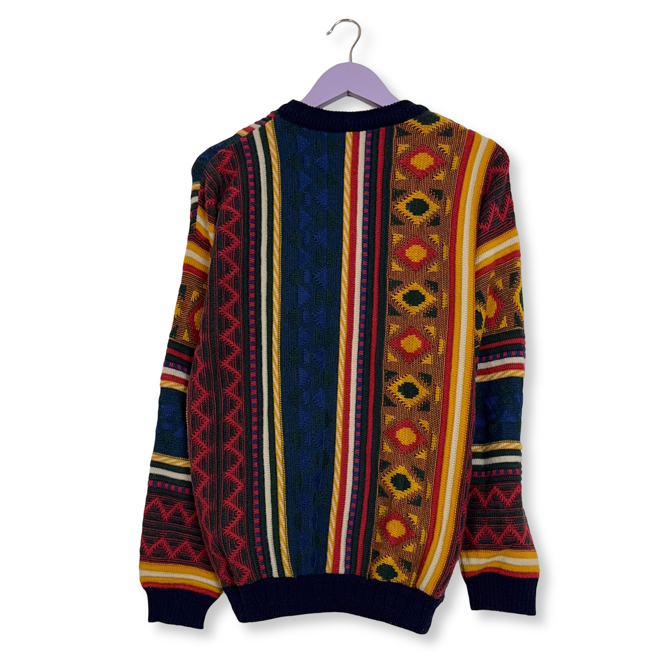 Maglione Vintage blu fantasia multicolore 30% lana anni 80 90 - Taglia 48/50 uomo