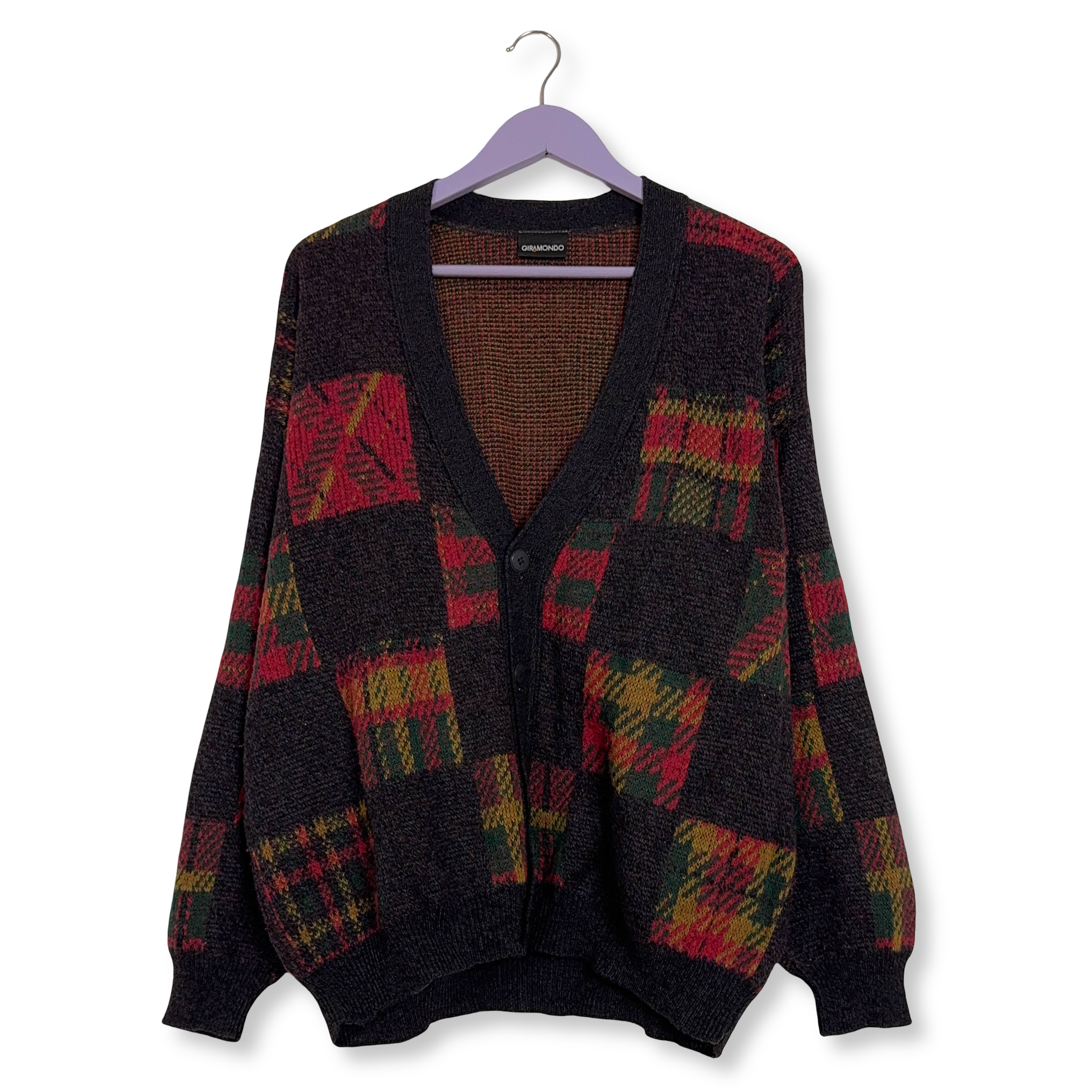 Cardigan Vintage nero e rosso a quadri 60% lana e alpaca anni 80 90 - Taglia L uomo