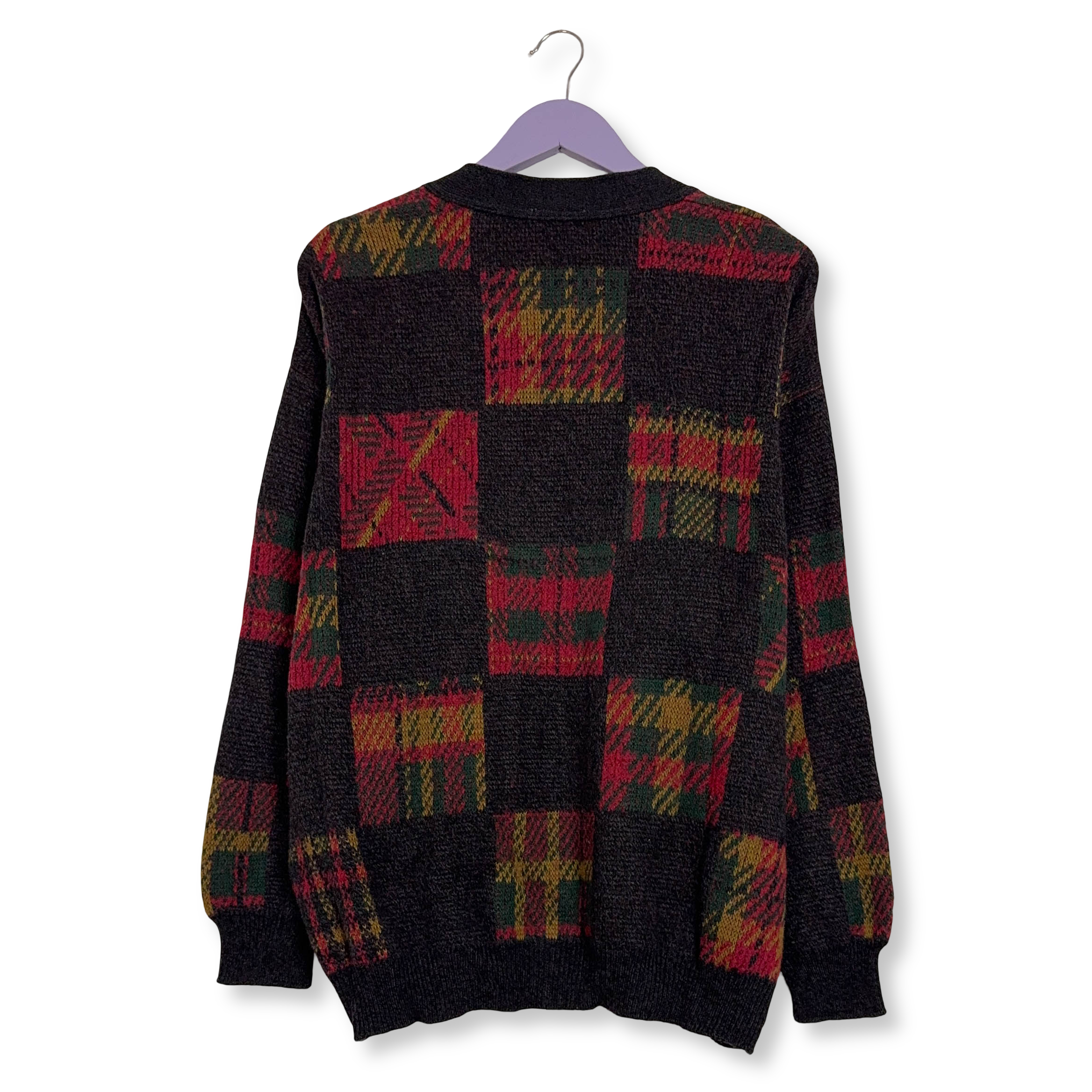 Cardigan Vintage nero e rosso a quadri 60% lana e alpaca anni 80 90 - Taglia L uomo