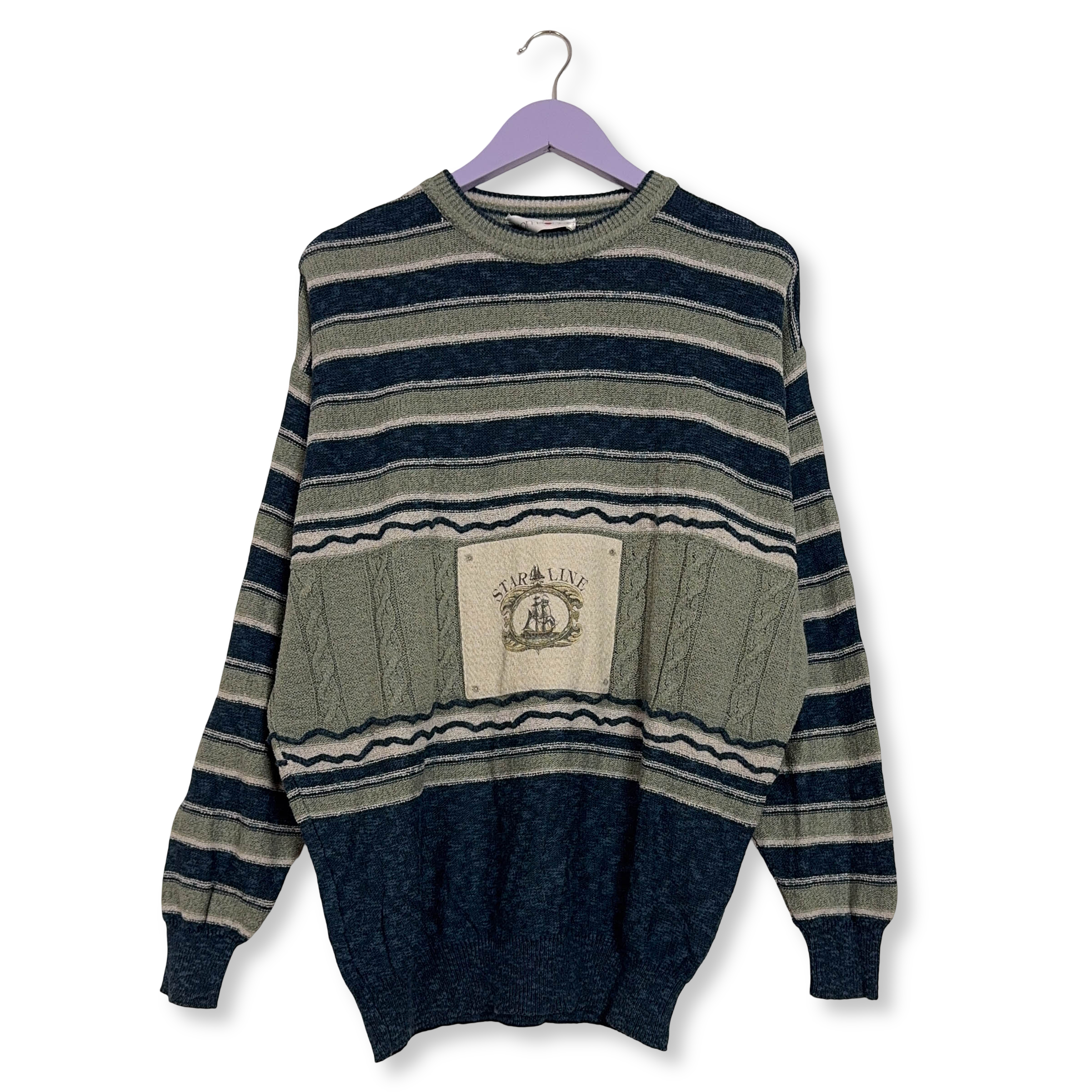 Maglione Vintage verde e blu a righe girocollo 12% lino anni 80 90 - Taglia L/XL uomo