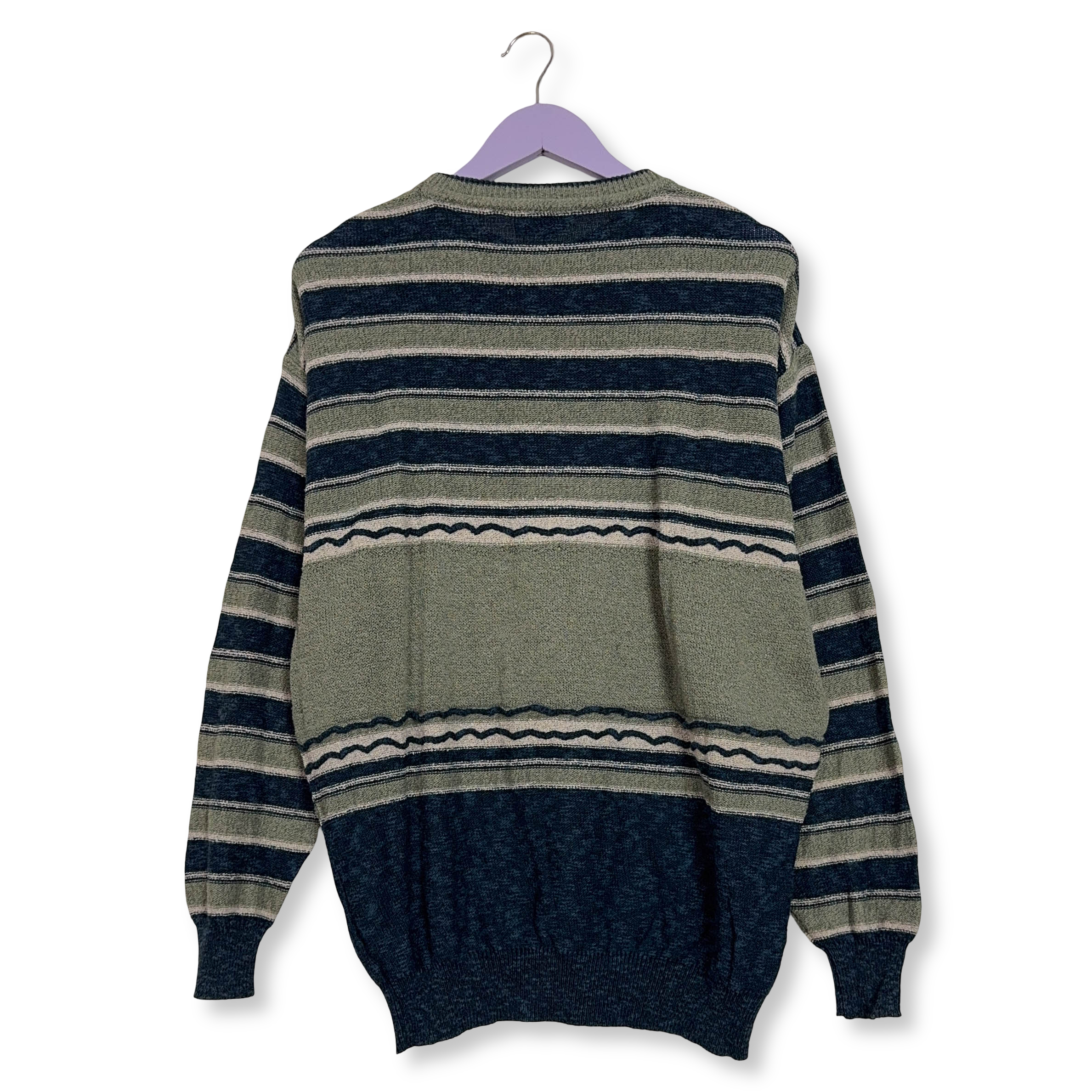 Maglione Vintage verde e blu a righe girocollo 12% lino anni 80 90 - Taglia L/XL uomo