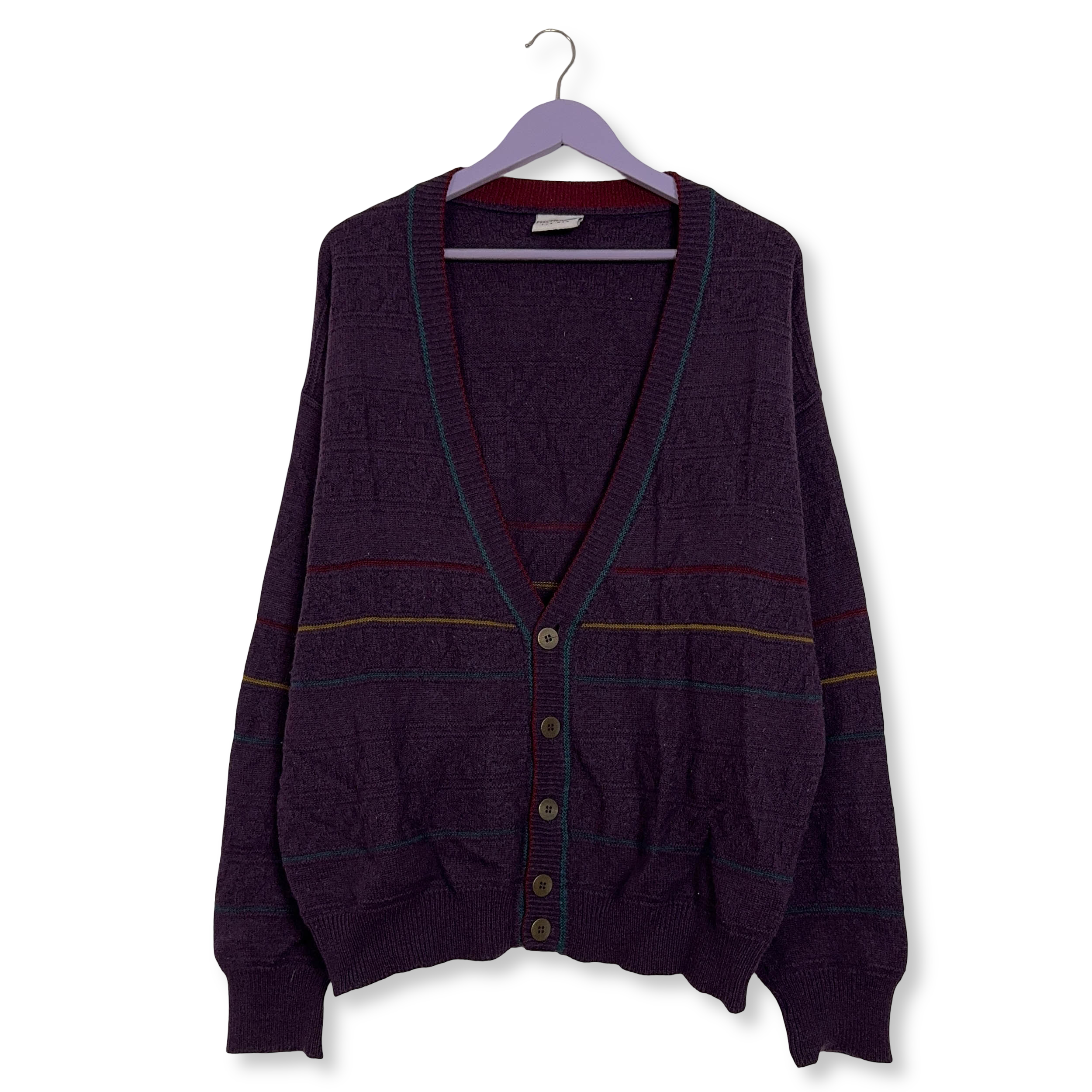 Cardigan Vintage viola a righe 50% lana anni 80 90 - Taglia L/XL uomo