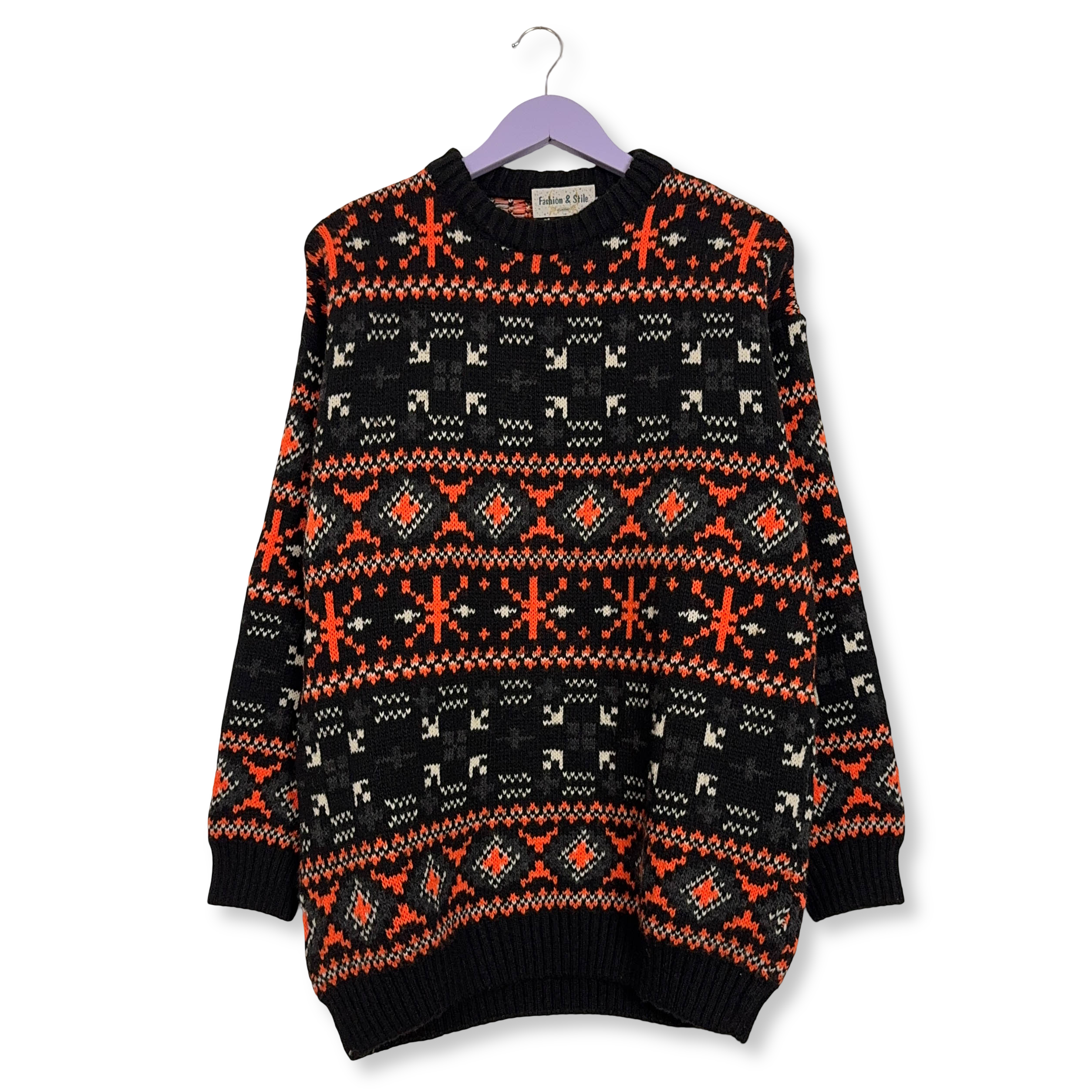 Maglione Vintage nero e arancione geometrico 50% lana anni 80 90 - Taglia L/XL uomo