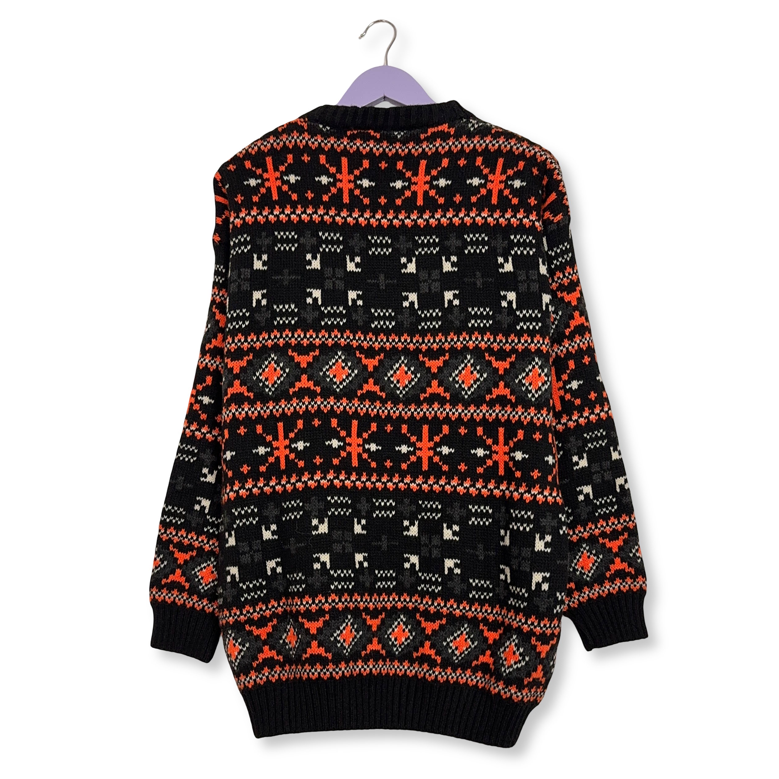 Maglione Vintage nero e arancione geometrico 50% lana anni 80 90 - Taglia L/XL uomo