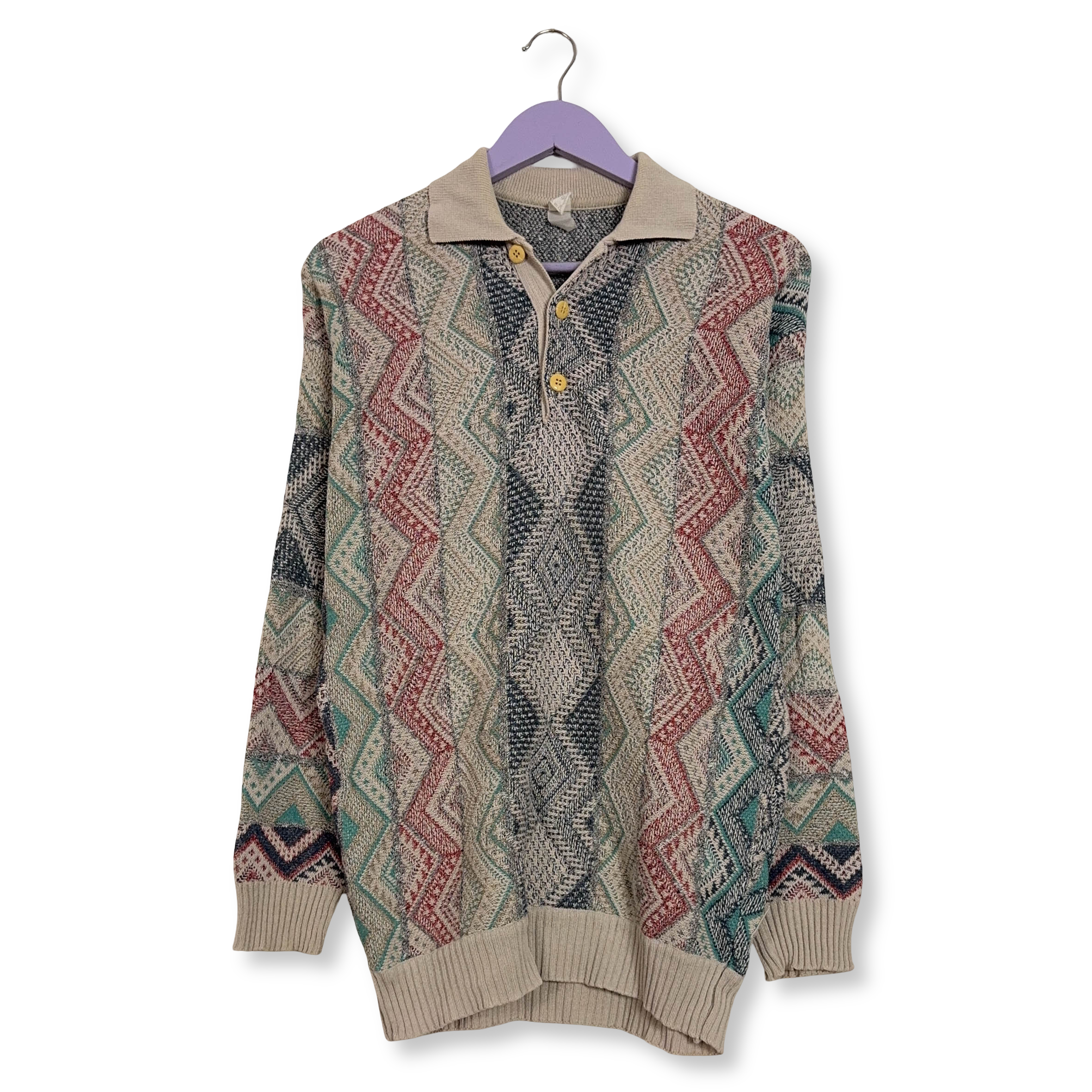Maglione Vintage multicolore geometrico con bottoni anni 80 90 - Taglia 48/50 uomo