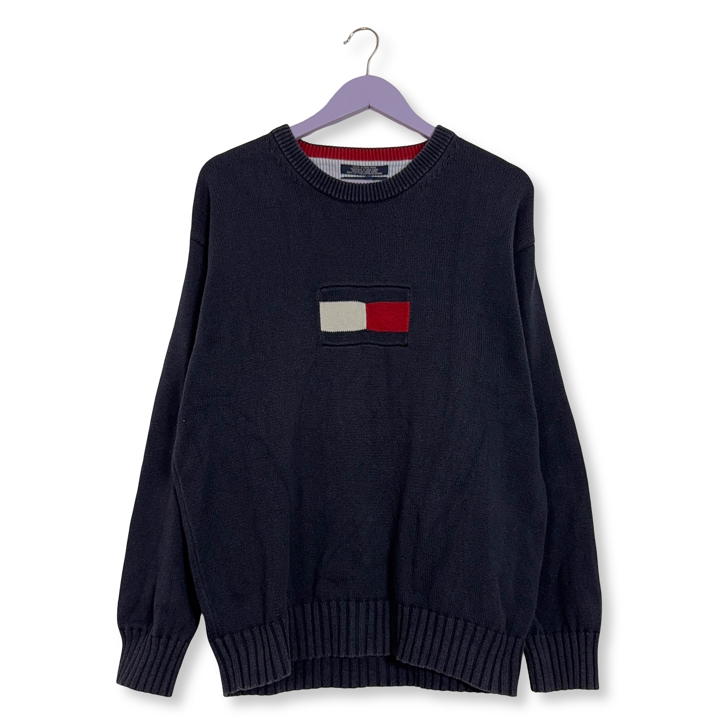 Maglione Tommy Hilfiger blu a girocollo con bandiera 100% cotone - Taglia L uomo