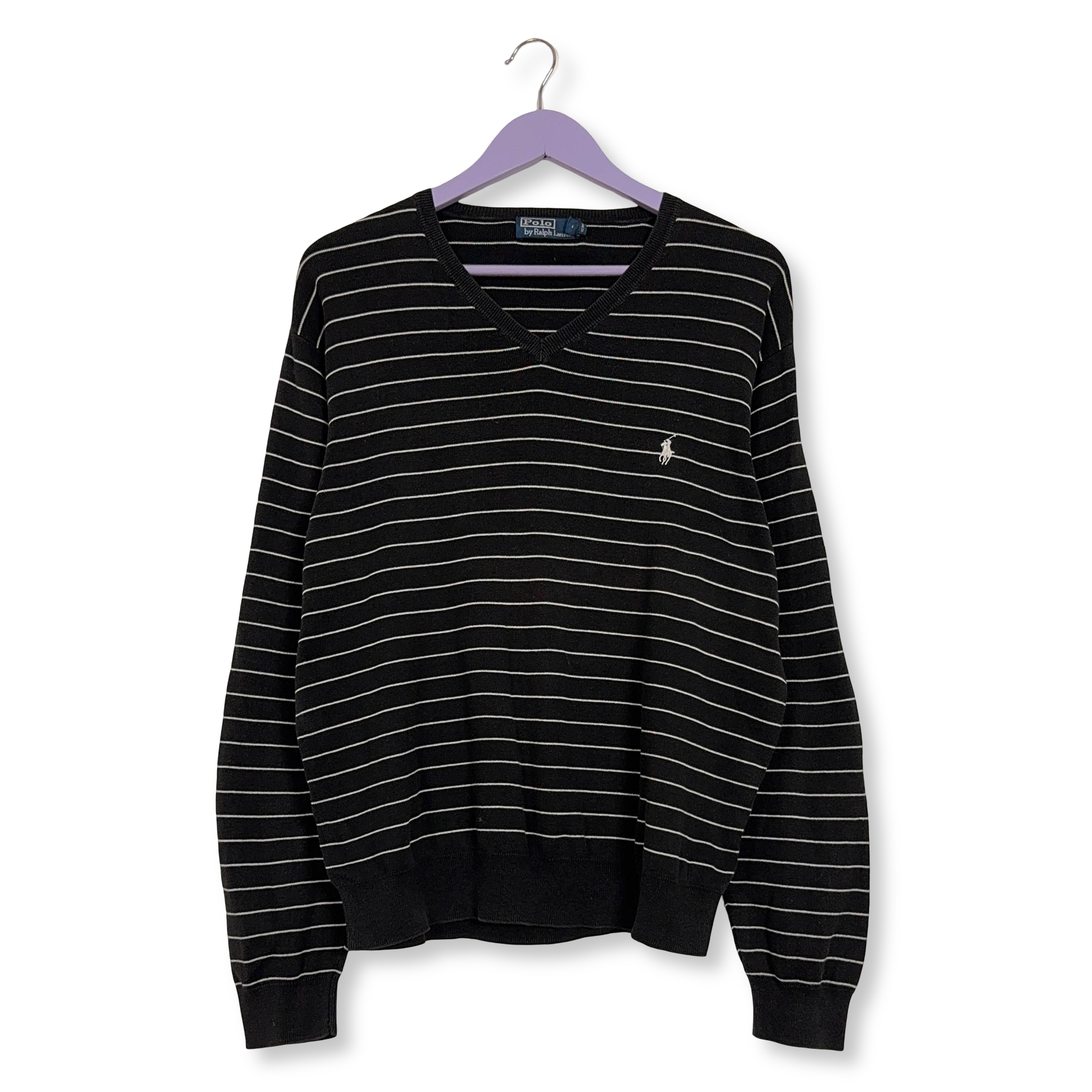 Maglione Ralph Lauren nero e bianco a righe scollo a V in cotone - Taglia L/XL uomo