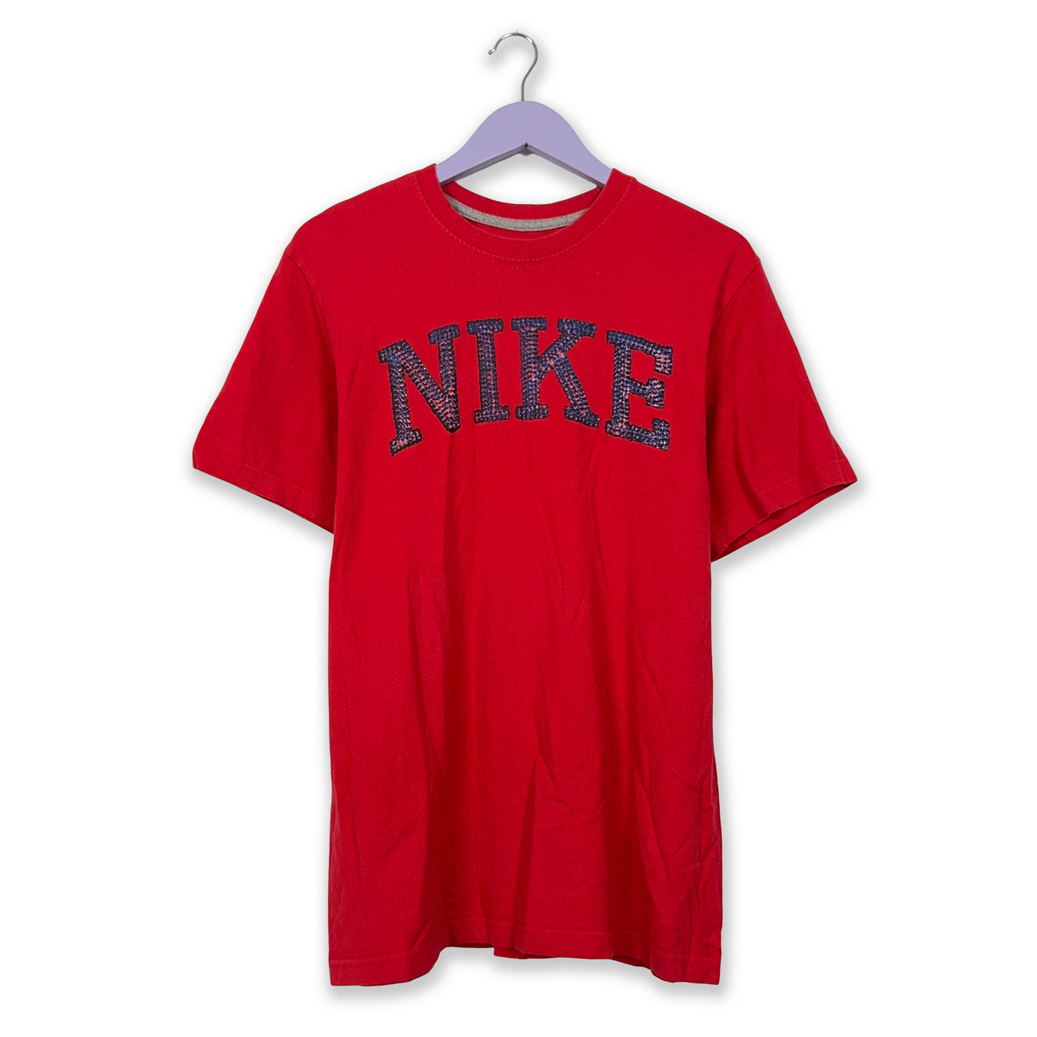 Nike Red Cotton T-Shirt with Printed Spellout Logo - Men's Size Large