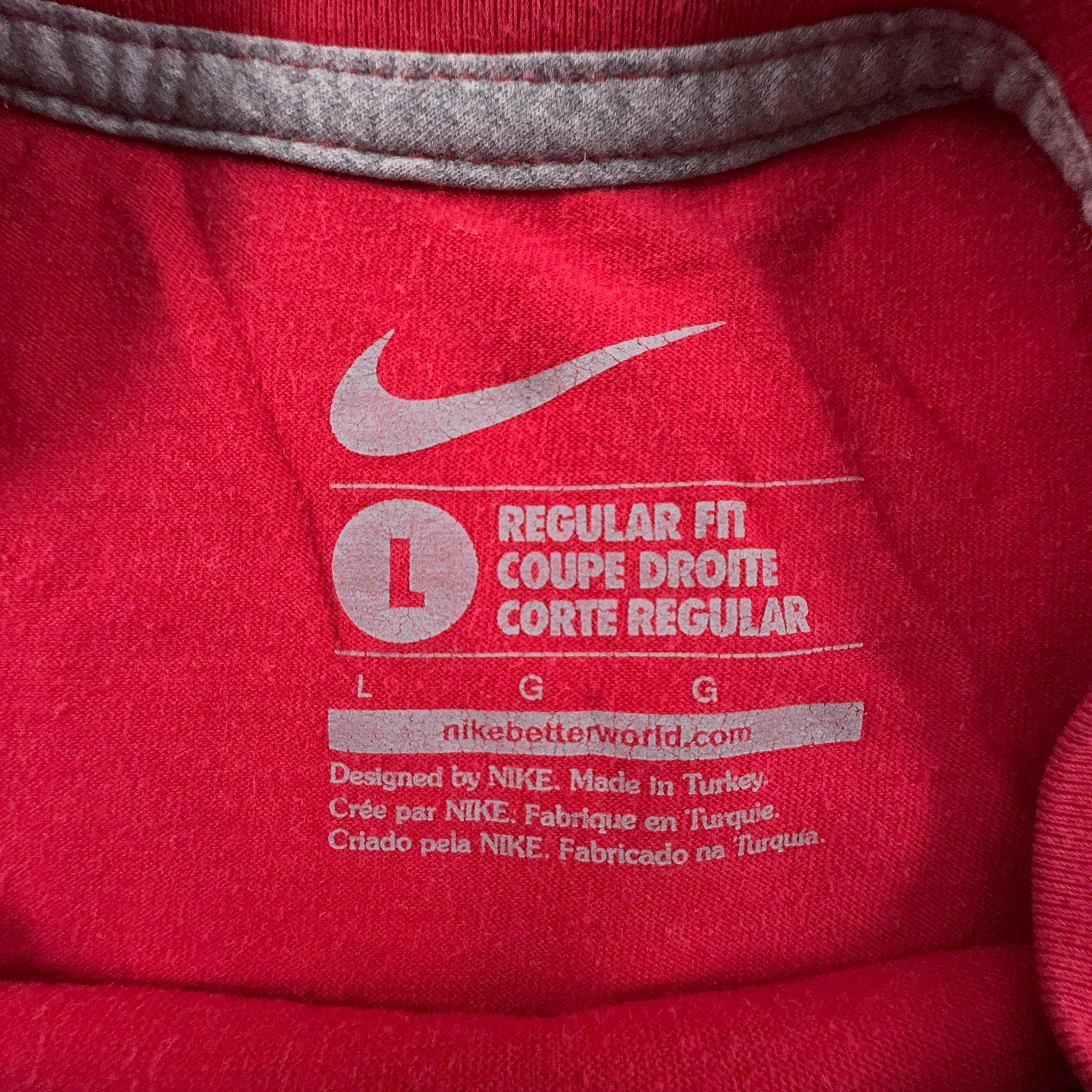 Nike Red Cotton T-Shirt with Printed Spellout Logo - Men's Size Large