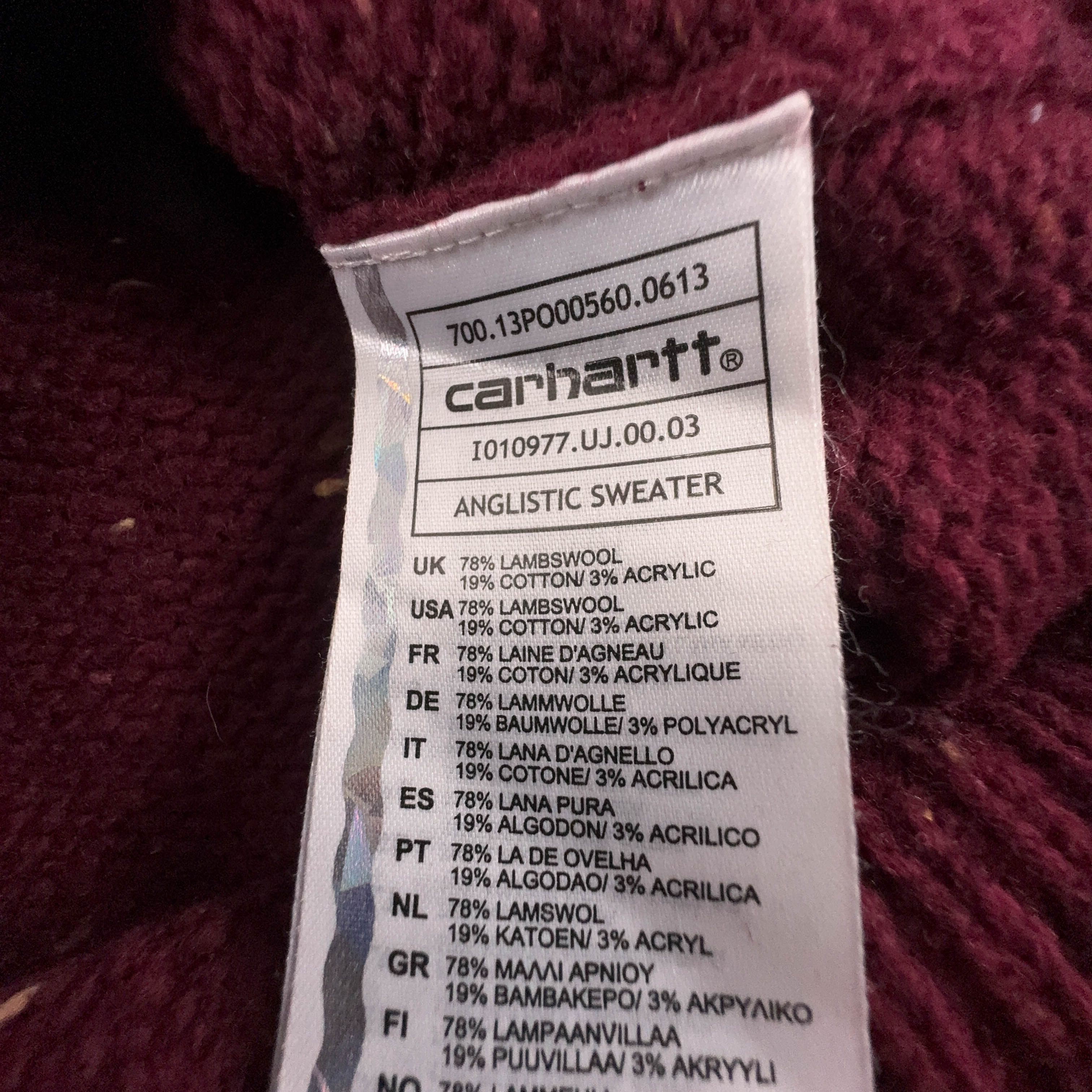 Maglione Carhartt bordeaux a girocollo 78% lana d'agnello - Taglia S/M uomo