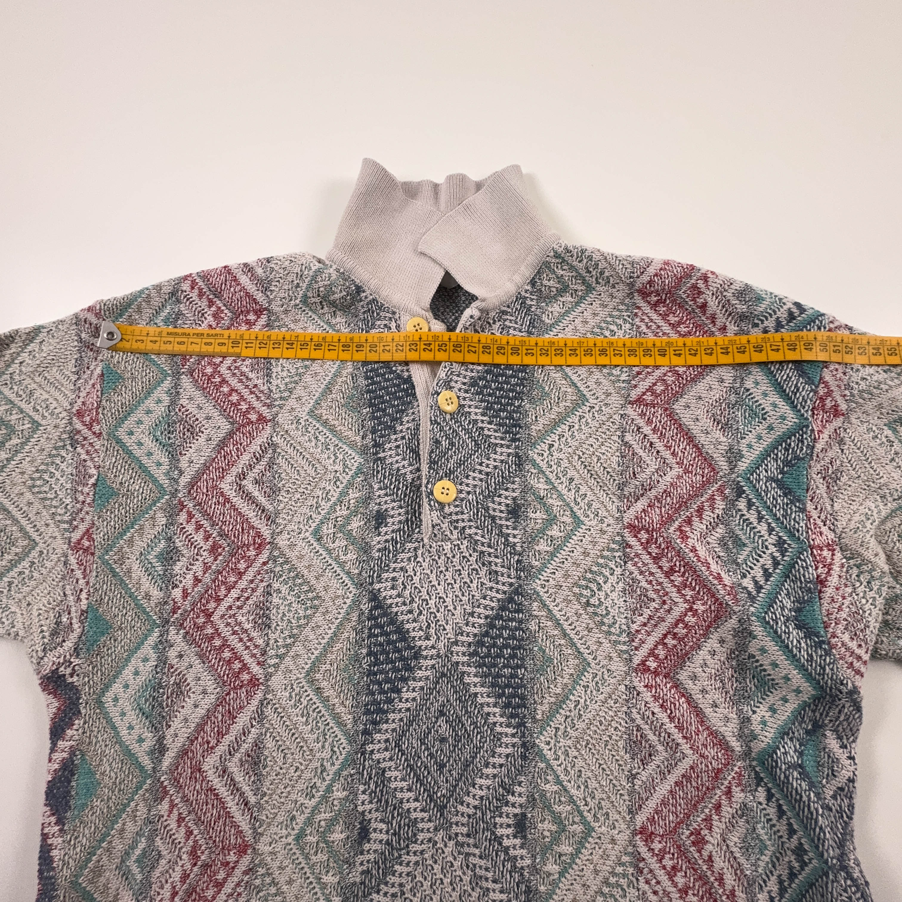 Maglione Vintage multicolore geometrico con bottoni anni 80 90 - Taglia 48/50 uomo