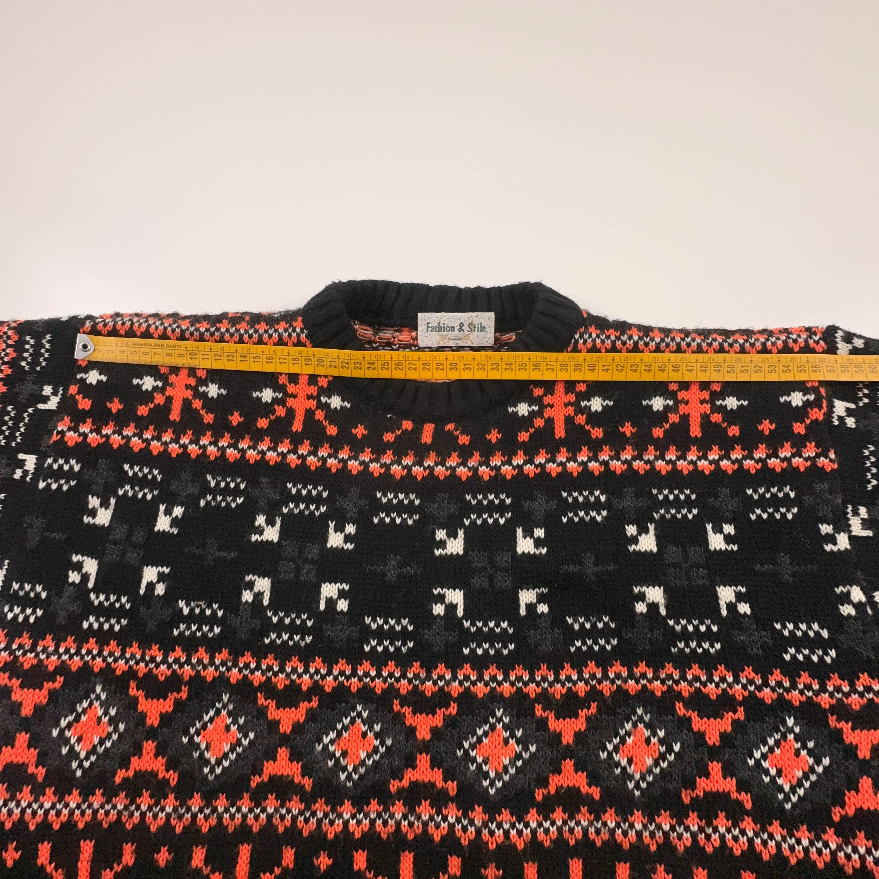 Maglione Vintage nero e arancione geometrico 50% lana anni 80 90 - Taglia L/XL uomo