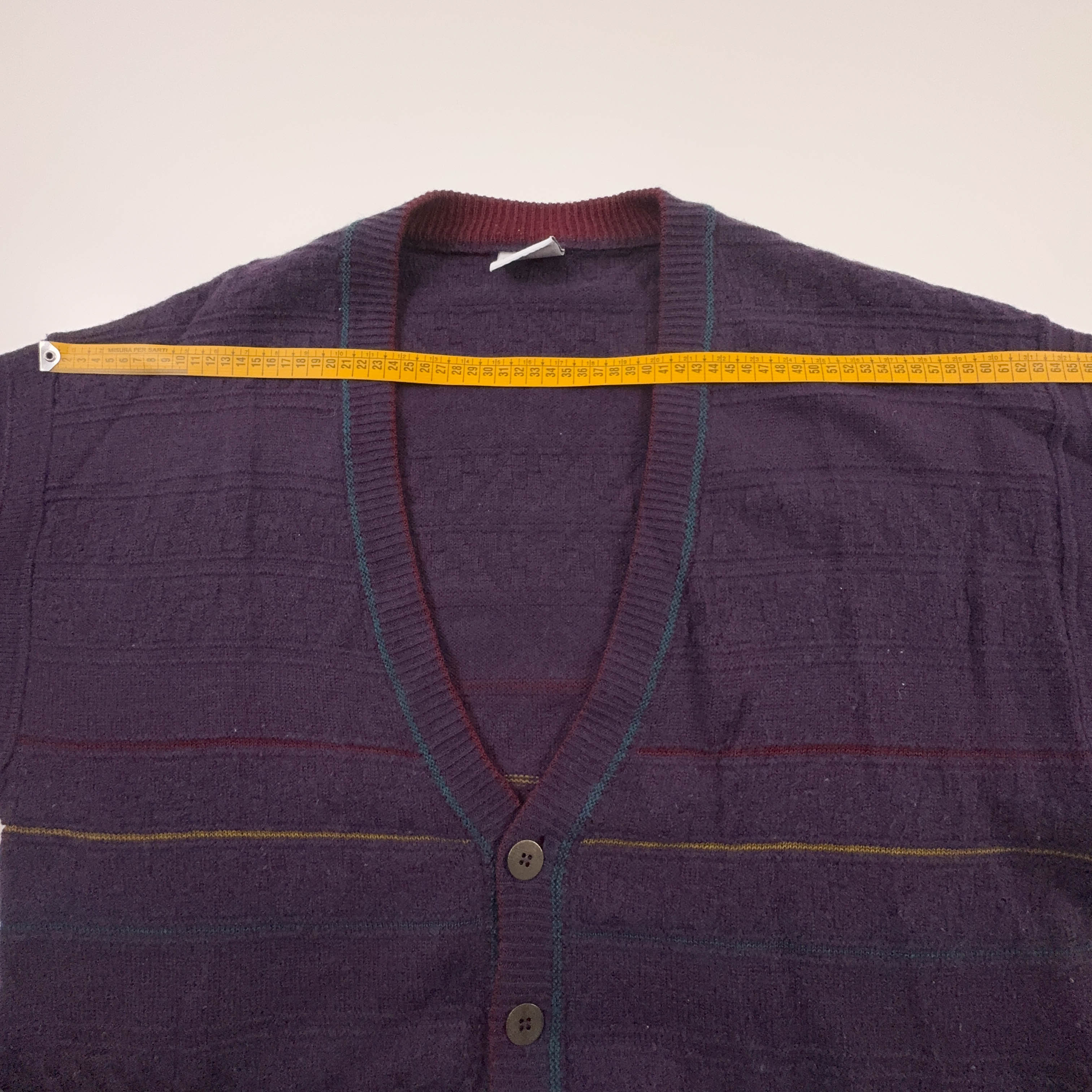Cardigan Vintage viola a righe 50% lana anni 80 90 - Taglia L/XL uomo