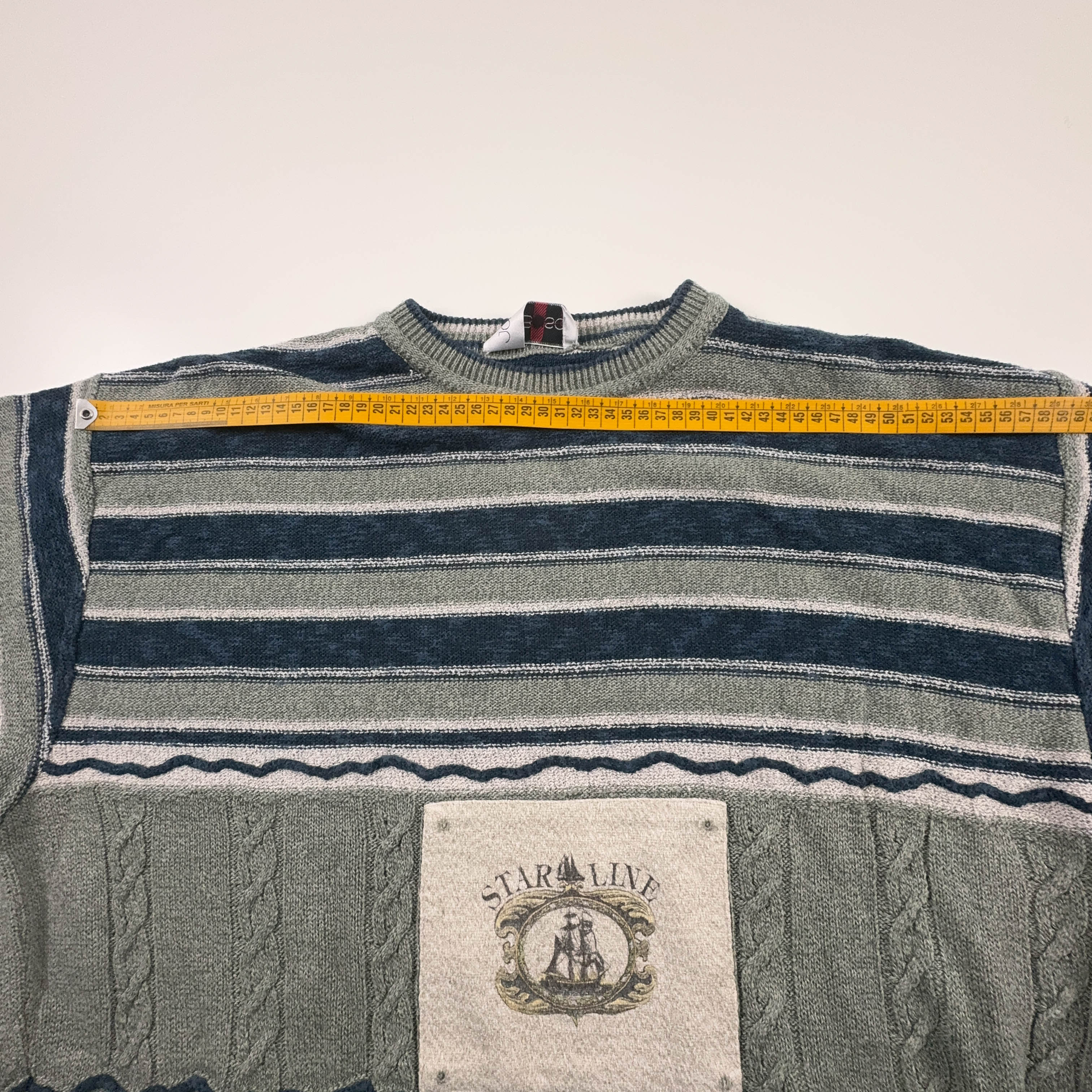 Maglione Vintage verde e blu a righe girocollo 12% lino anni 80 90 - Taglia L/XL uomo